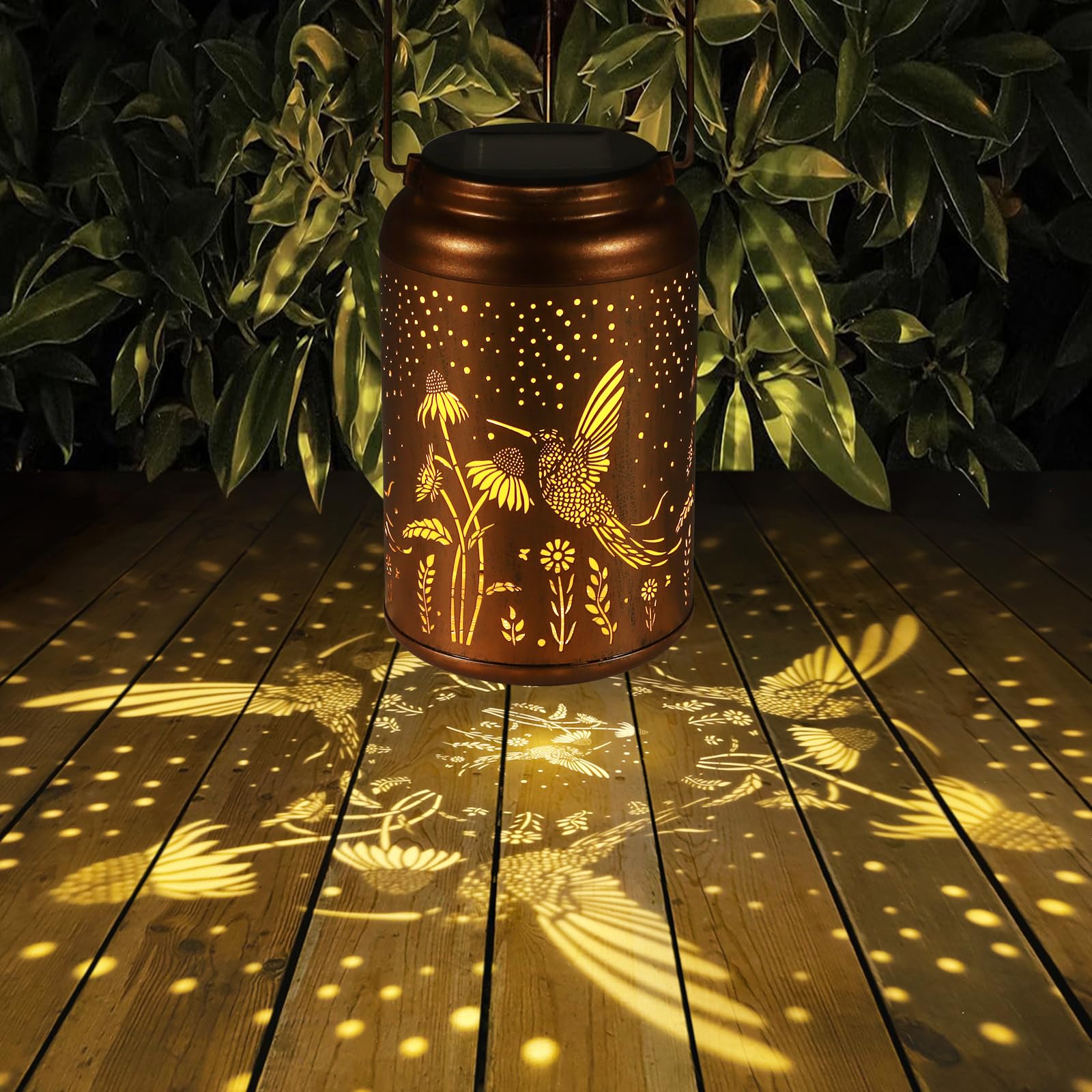 Tepaken Solar Lanterns Outdoor Waterproof Hummingbird Garden Decor, Gold, Hummingbird-flower, Model T-DL-107