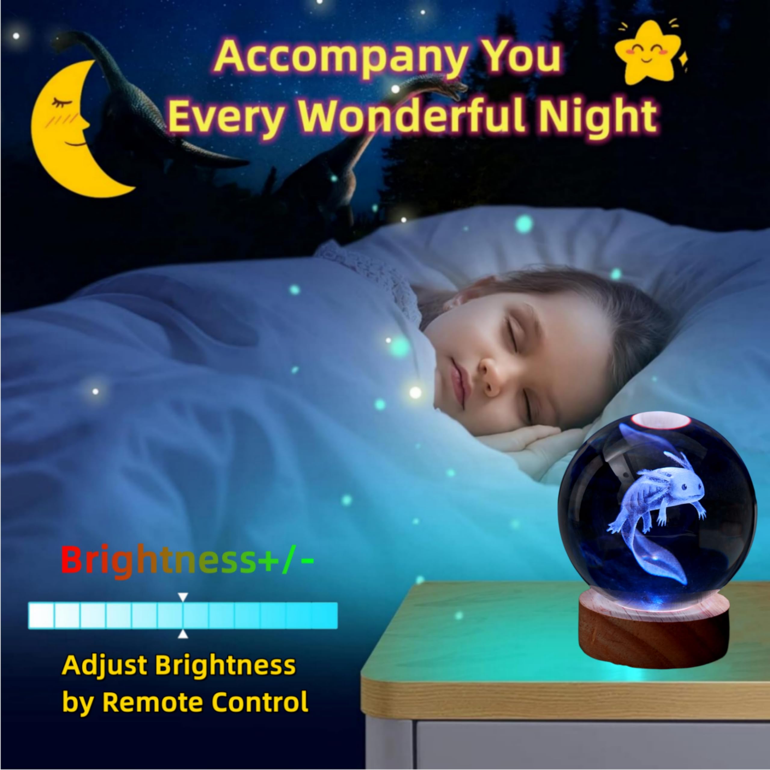 DIGFPWT Axolotl Crystal Ball Night Light, 3.15 Inch, LED Wooden Base, 16 Colors, Gift Box Packing, Color: Axolotl D