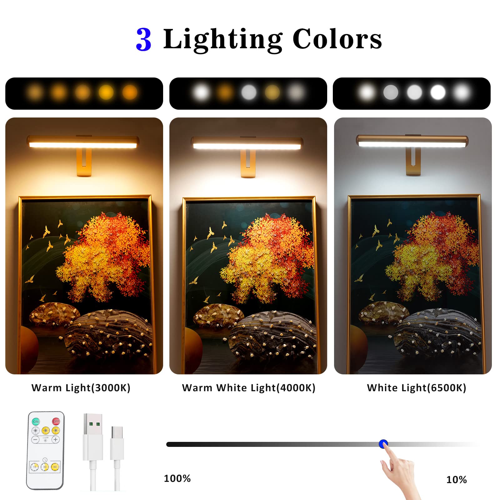 ZOCALOK Rechargeable Picture Light, 16 LEDs, 3 Modes, 300LM, Metal, Gold, Model Z22-PL-Gold, Cordless with 2 Remotes