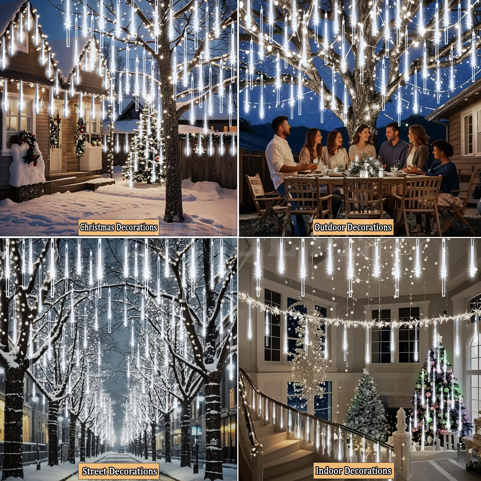 Zpqbeye Meteor Shower Lights Christmas Lights Outdoor 24-Tube 576Leds Snow Falling Rain Cascading Icicle Lights For Xmas Tree Ch