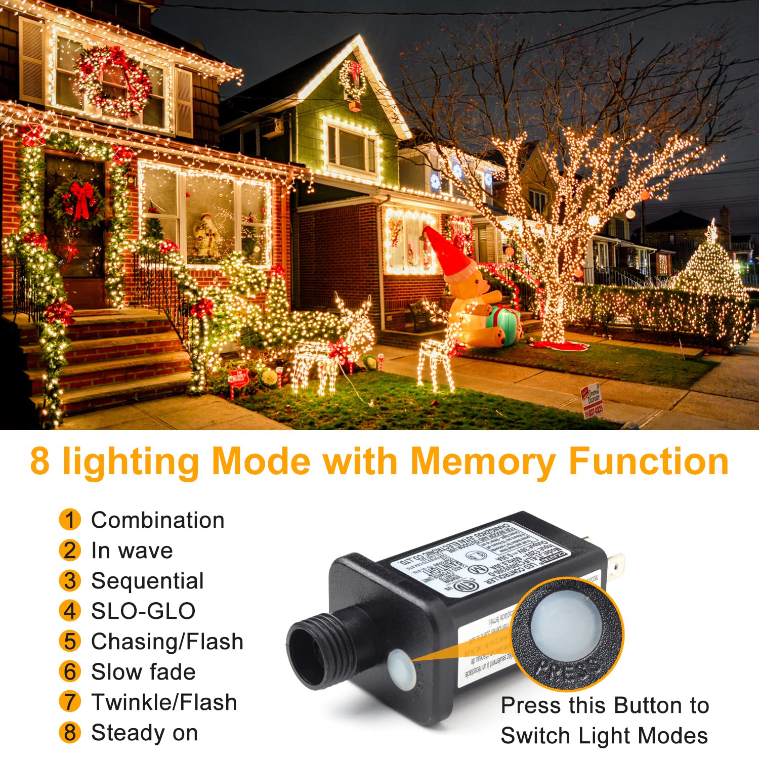 Haili 1000 Led Christmas Lights, Plug In 8 Lighting Modes Waterproof, Outdoor Christmas Lights For Tree Yard Party Indoor Outside Decorations (393Ft, Warm White)