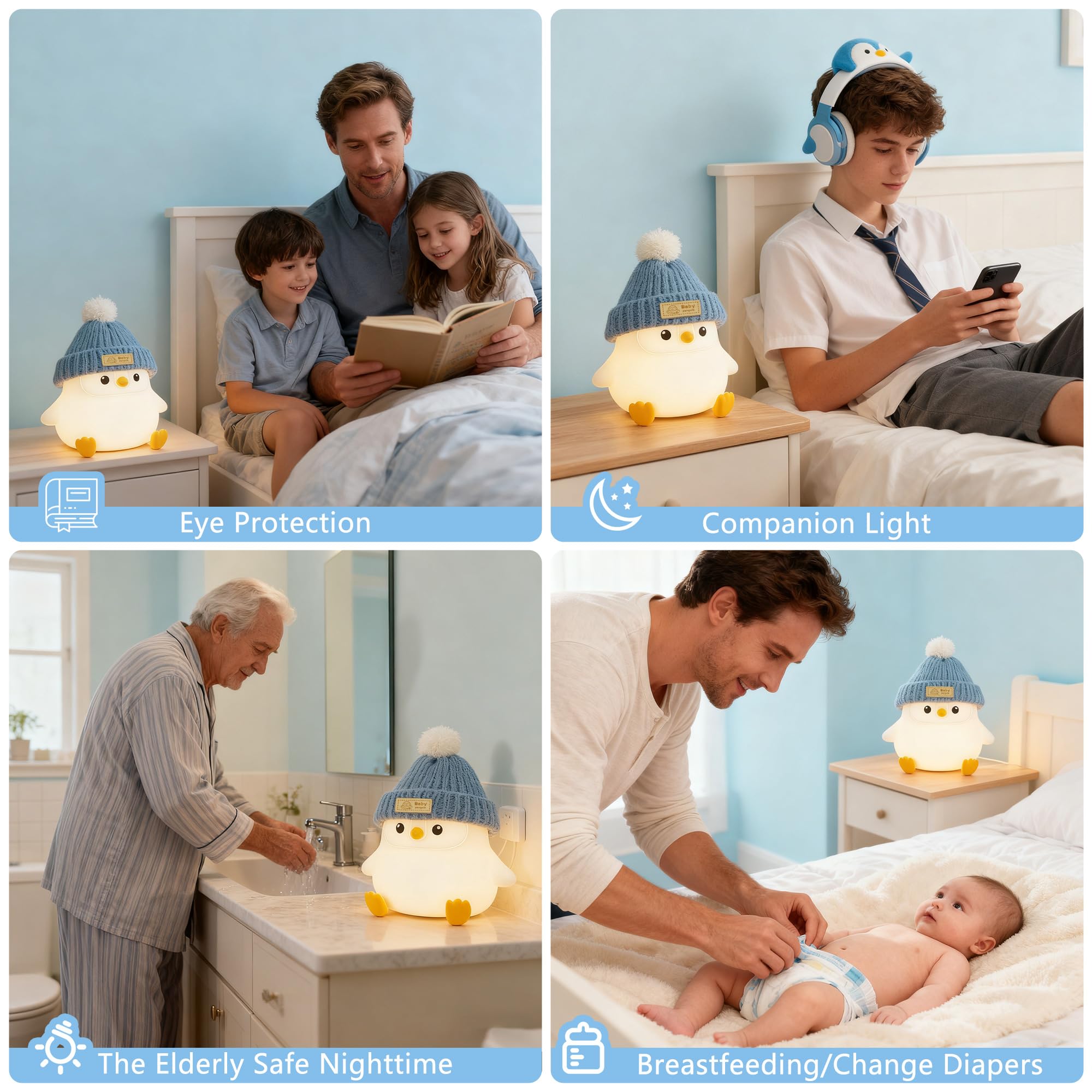 Famiduo Penguin Lamp With Knit Hat Kawaii Penguin Night Light Food Grade Silicone Dimmable Nursery Nightlight Led Squishy Novelty Animal Lamp Kids Room Decor Funny Gifts For Kids Boys Girls Baby