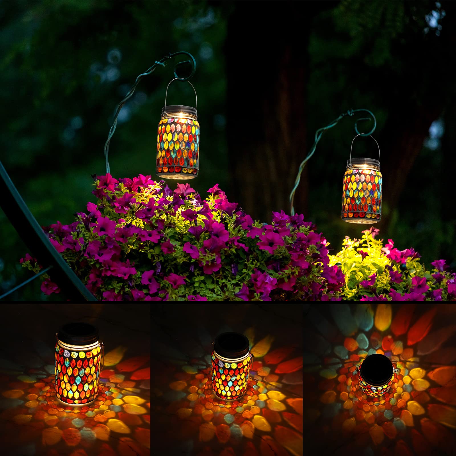 Tuanse 3 Pieces Solar Powered Mosaic Lights, Outdoor Hanging Solar Lantern Lamp Waterproof Table Lamp Mosaic Night Light For Tre