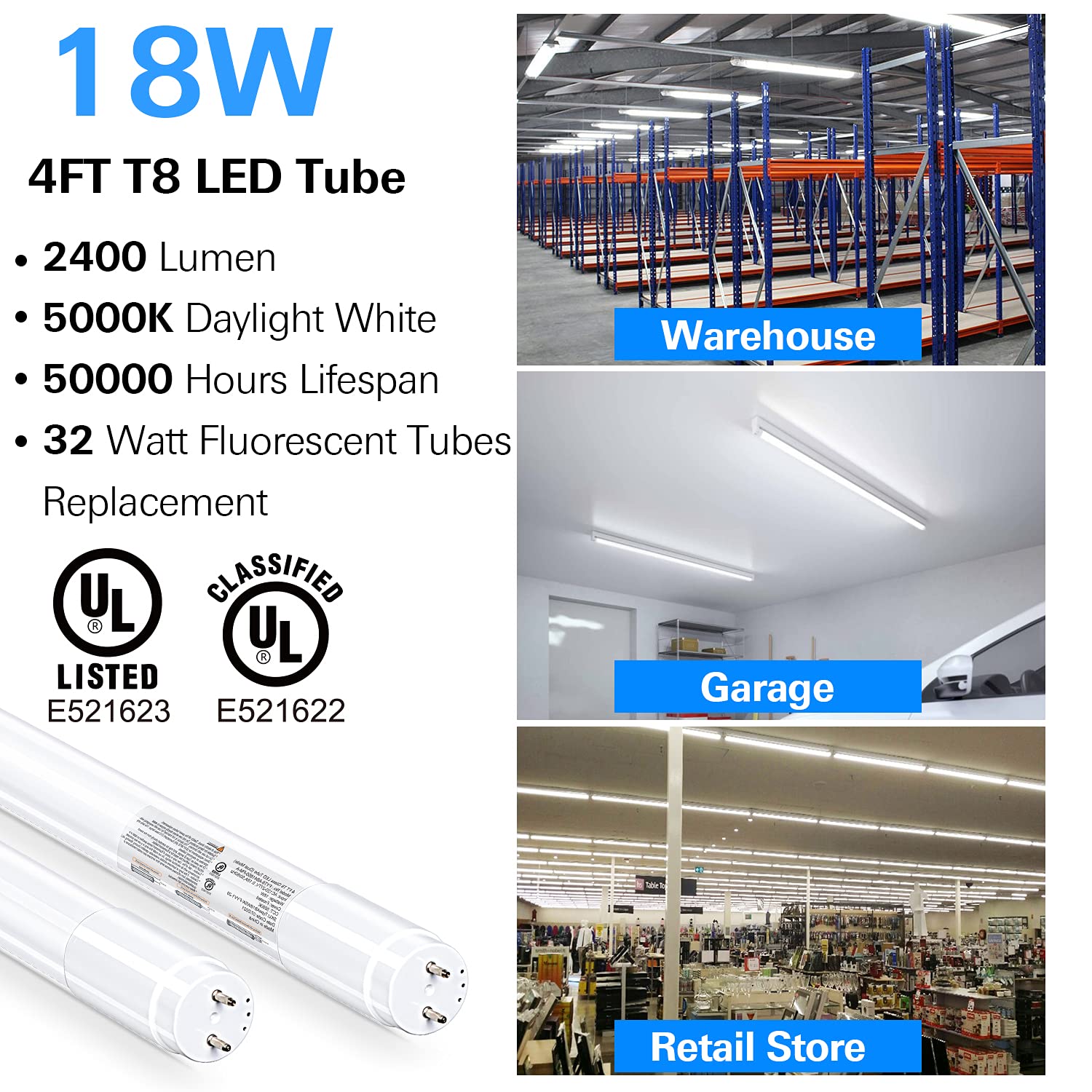 hykolity 20 Pack LED T8 Hybrid Light Tube, 4FT, 18W, 5000K, Frosted Cover, Plug & Play/Ballast Bypass, UL