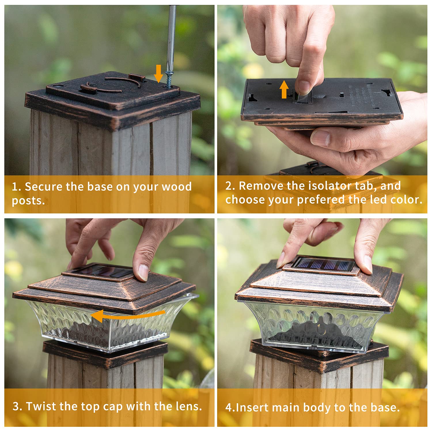 HUYIENO Solar Post Cap Lights - 2PK LED Outdoor Lighting, Warm White/Bright White, Brushed Copper, for 4x4 Wooden Posts