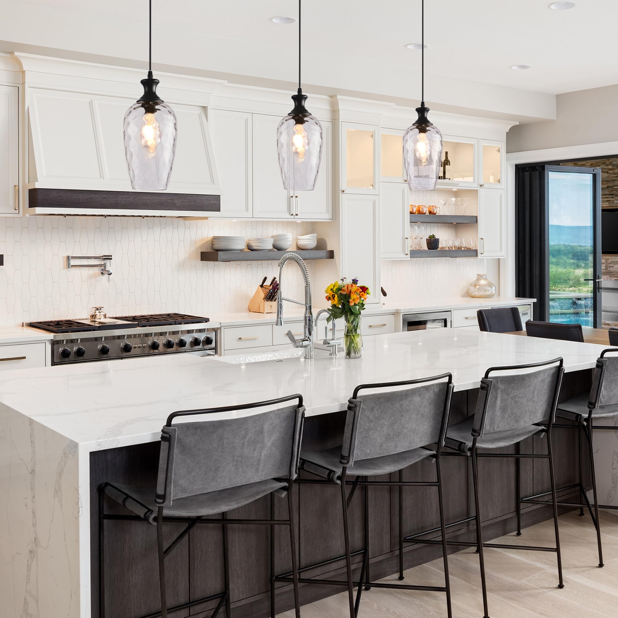 Saduenfr 2Pcs Glass Pendant Lights Kitchen Island, 1-Light Black Pendant Light Fixtures With Hand-Blown Clear Glass, Farmhouse H