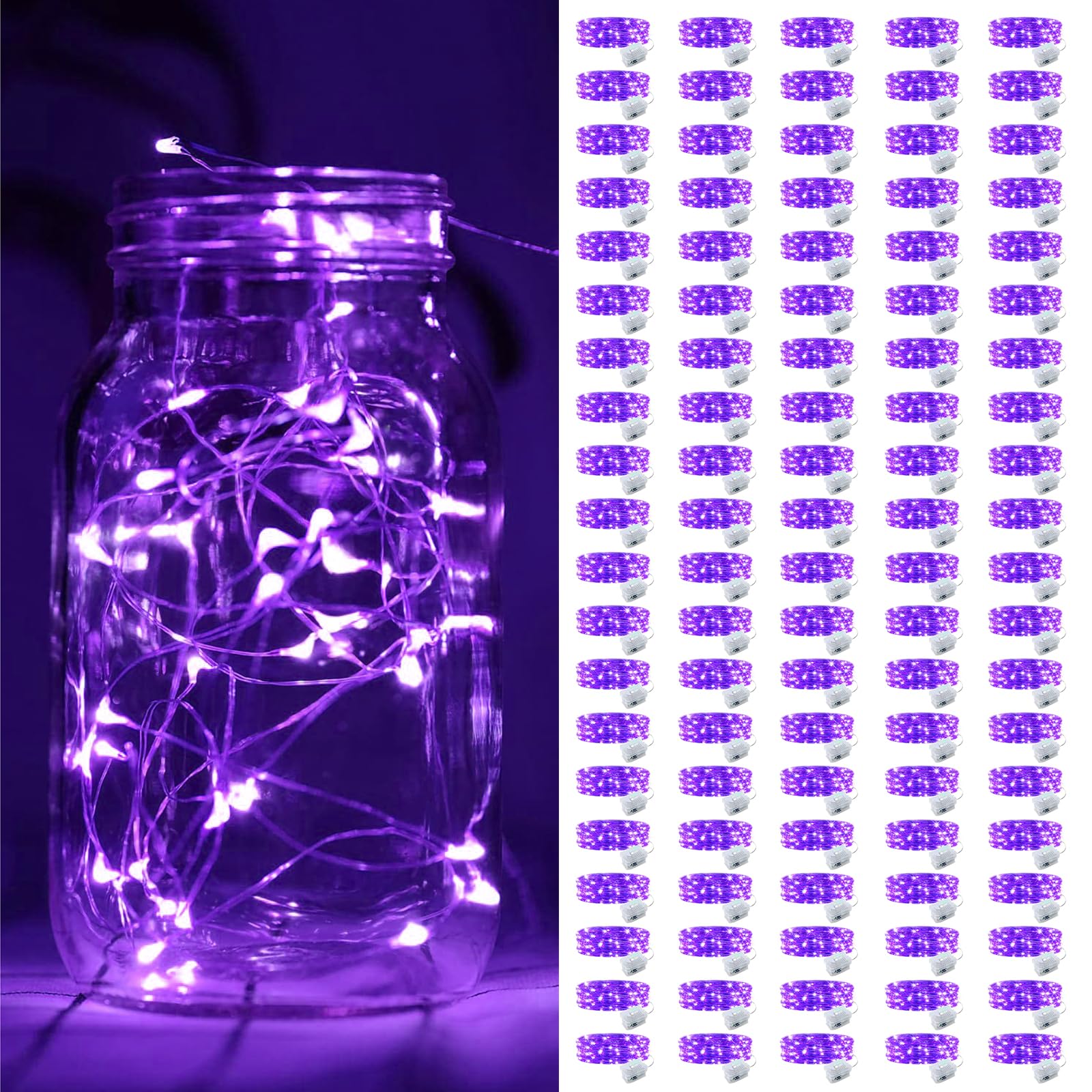 100 Pack Fairy Lights Battery Operated  7FT 20 Mini LED Silver Wire Twinkle Lights for DIY  Parties  Wedding  Bedroom  Christmas Decoration (Purple)
