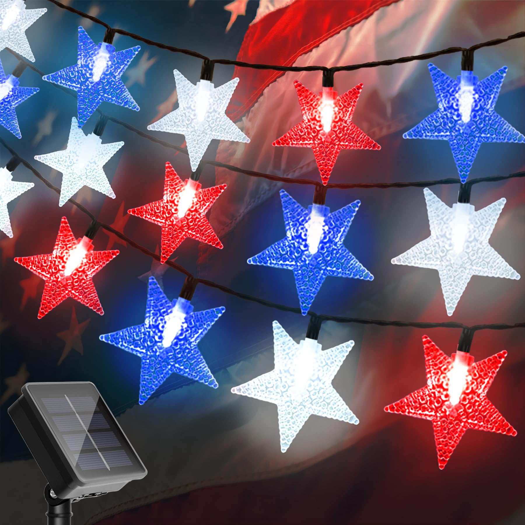 L Lampop 39Ft Solar Star String Lights - 100 Led Red, White & Blue For 4Th Of July Decor