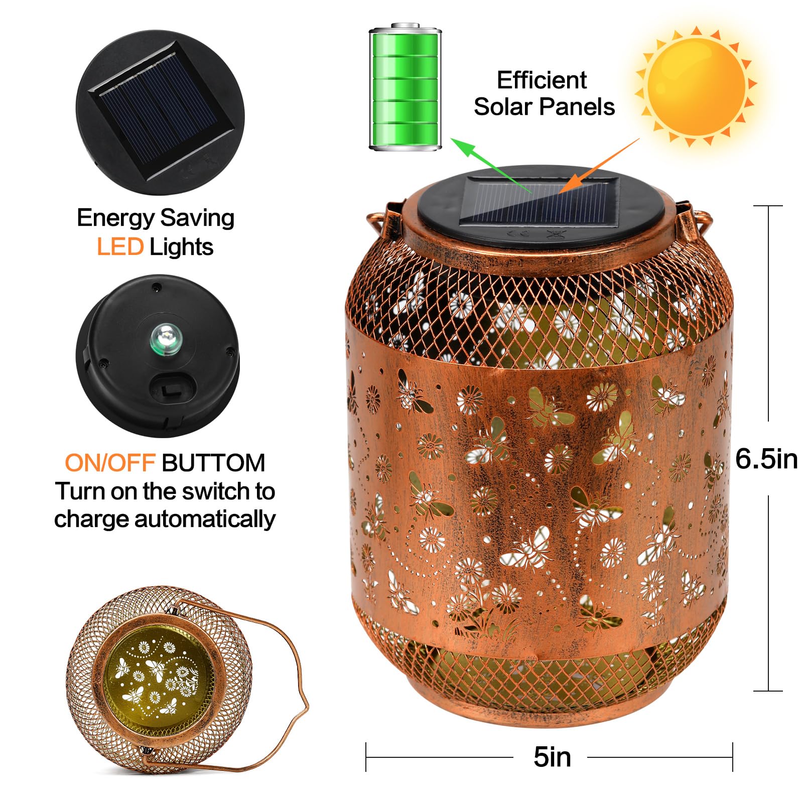 Aitenisen Solar Lanterns - Waterproof Metal Bee Garden Decor For Yard, Patio, And Porch