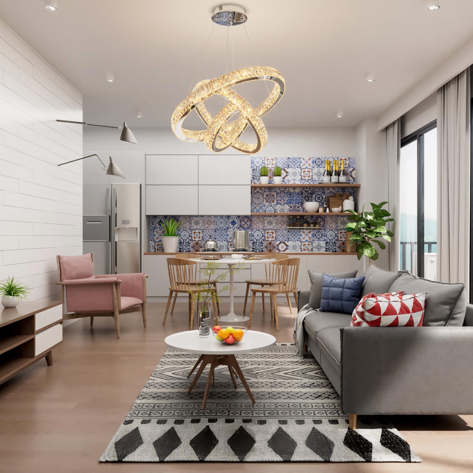 Idequy 3 Rings Crystal Chandeliers 32+24+16 Crystal Ceiling Light Fixture Pendant Lighting Hanging Lamp For Living Room Led Dimmable 3000-6000K