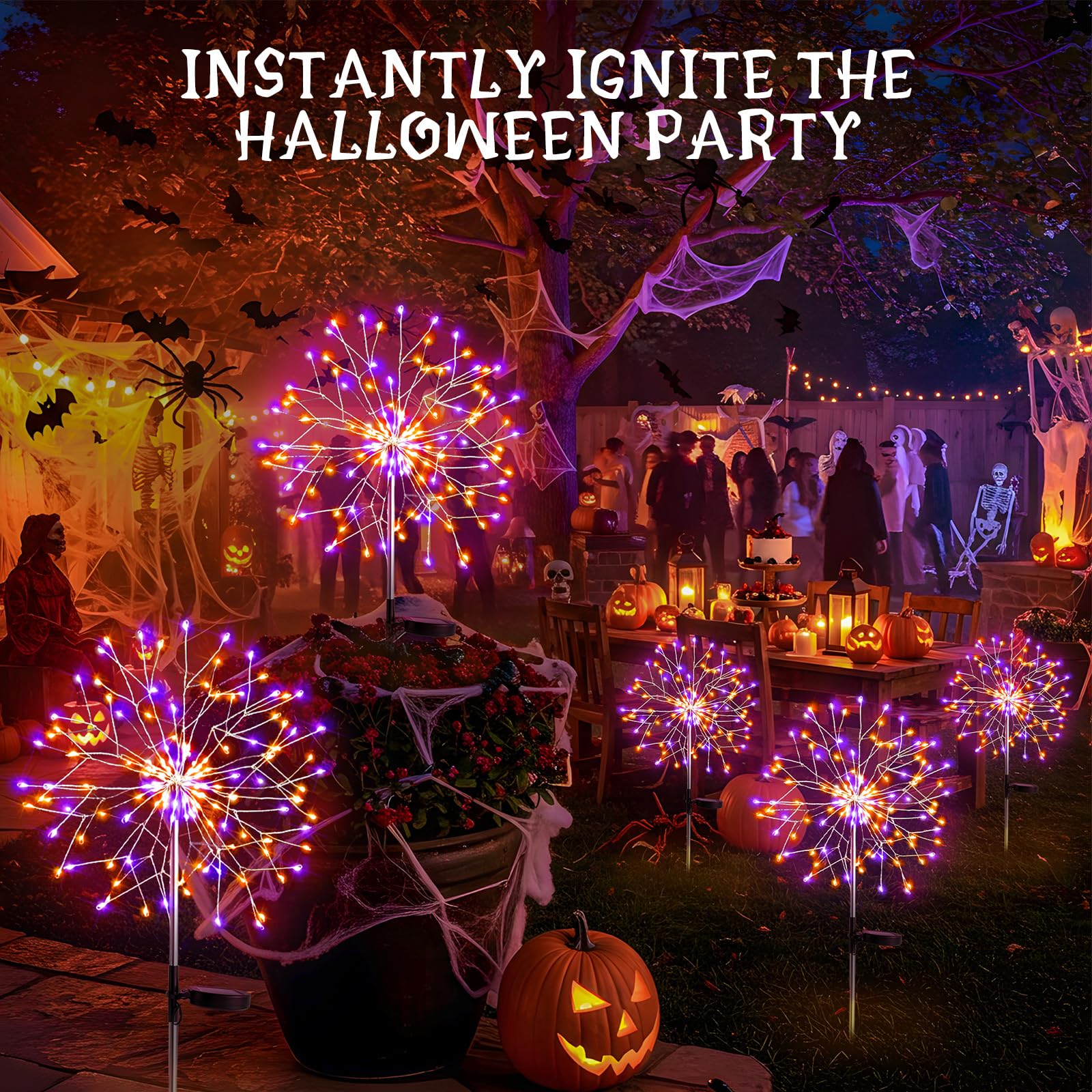 suddus Solar Powered Halloween Lights - 2 Pack, Waterproof Copper Firework Lights in Orange & Purple for Garden Decorations