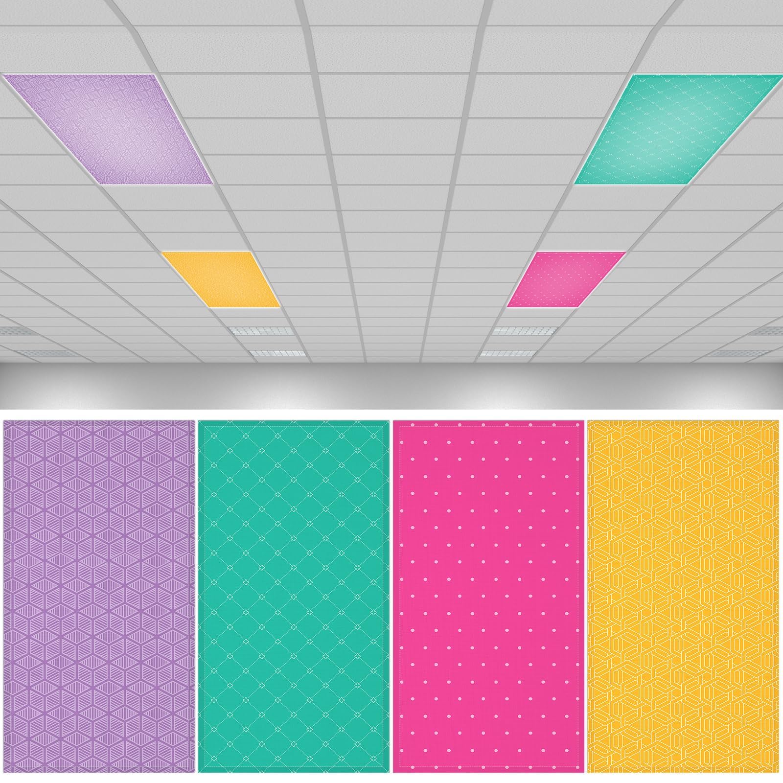 QOUBAI 4PCS Fluorescent Light Covers  4x2 Feet Magnetic Light Cover Fluorescent Lights Shade Panel Positive Inspirational Ceiling Lights Filters for Office Classroom Home Drop Ceiling Plaid