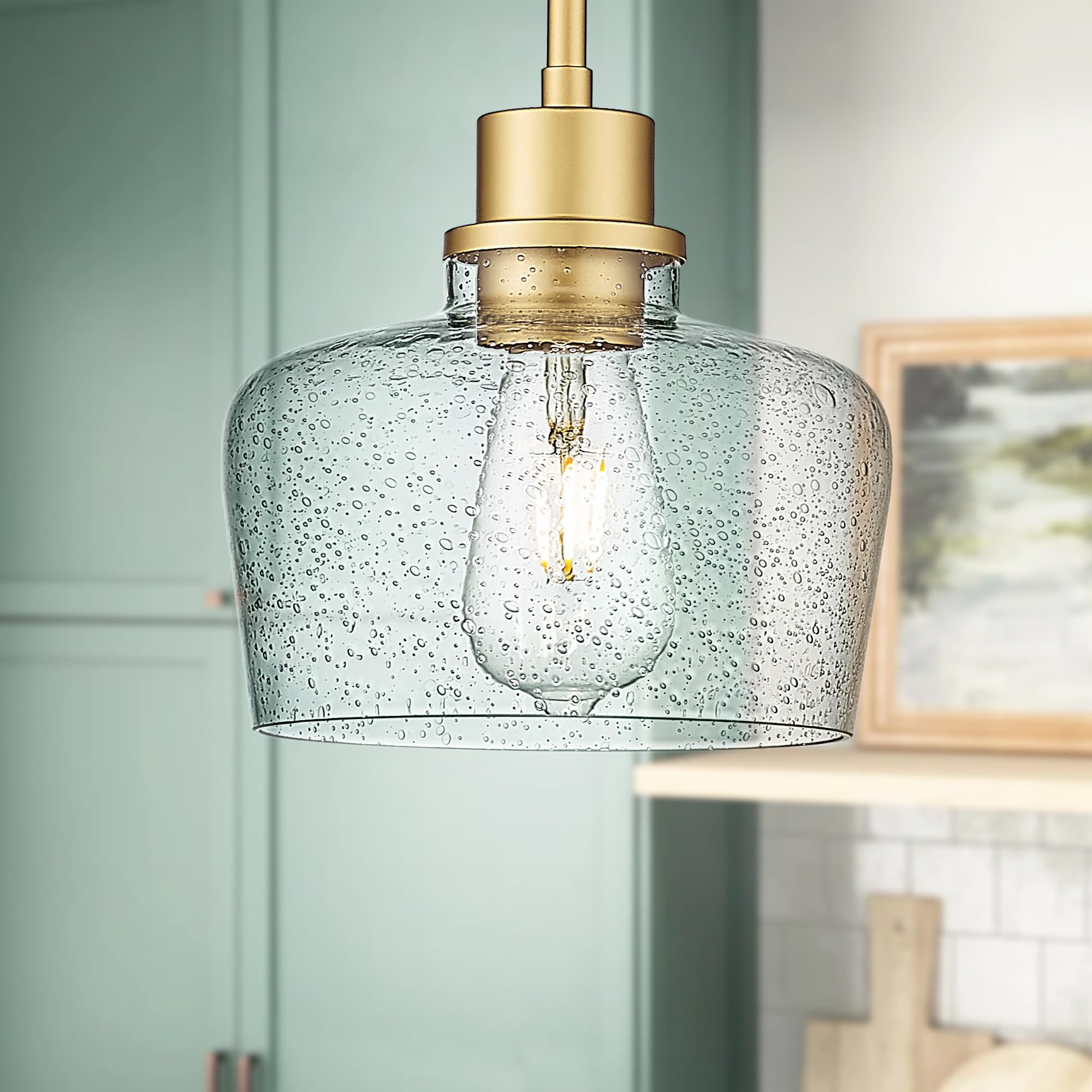 Emak 2 Pack Gold Pendant Light Fixtures, Modern Pendant Lighting With Seeded Glass Shade, 8 Inch Hanging Lights For Kitchen Isla