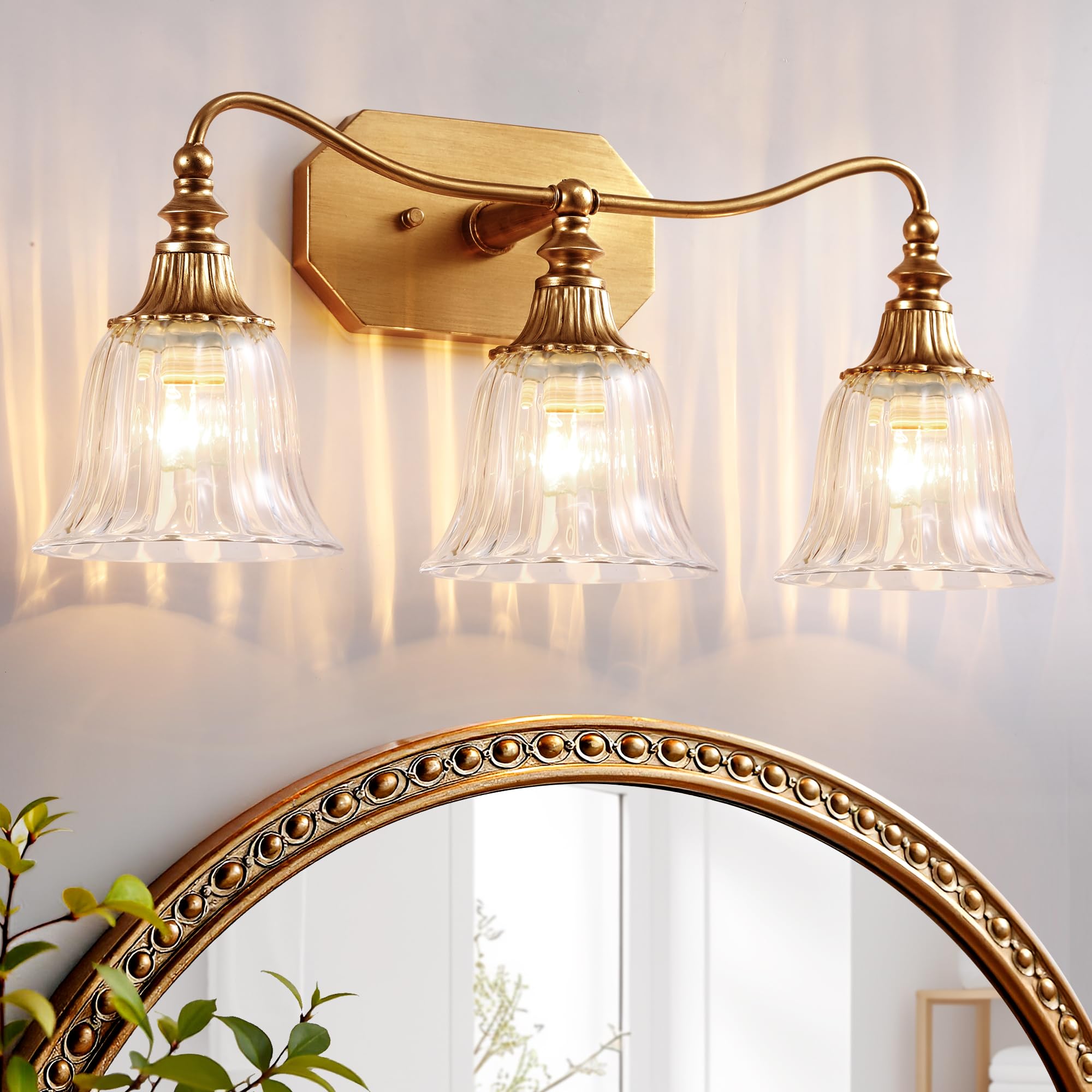 LmnLvn Bathroom Vanity Gold Light Fixture, 3 Lights Bathroom Lighting Matte Antique Brass Finish with Crystal Glass Shade, Gold 