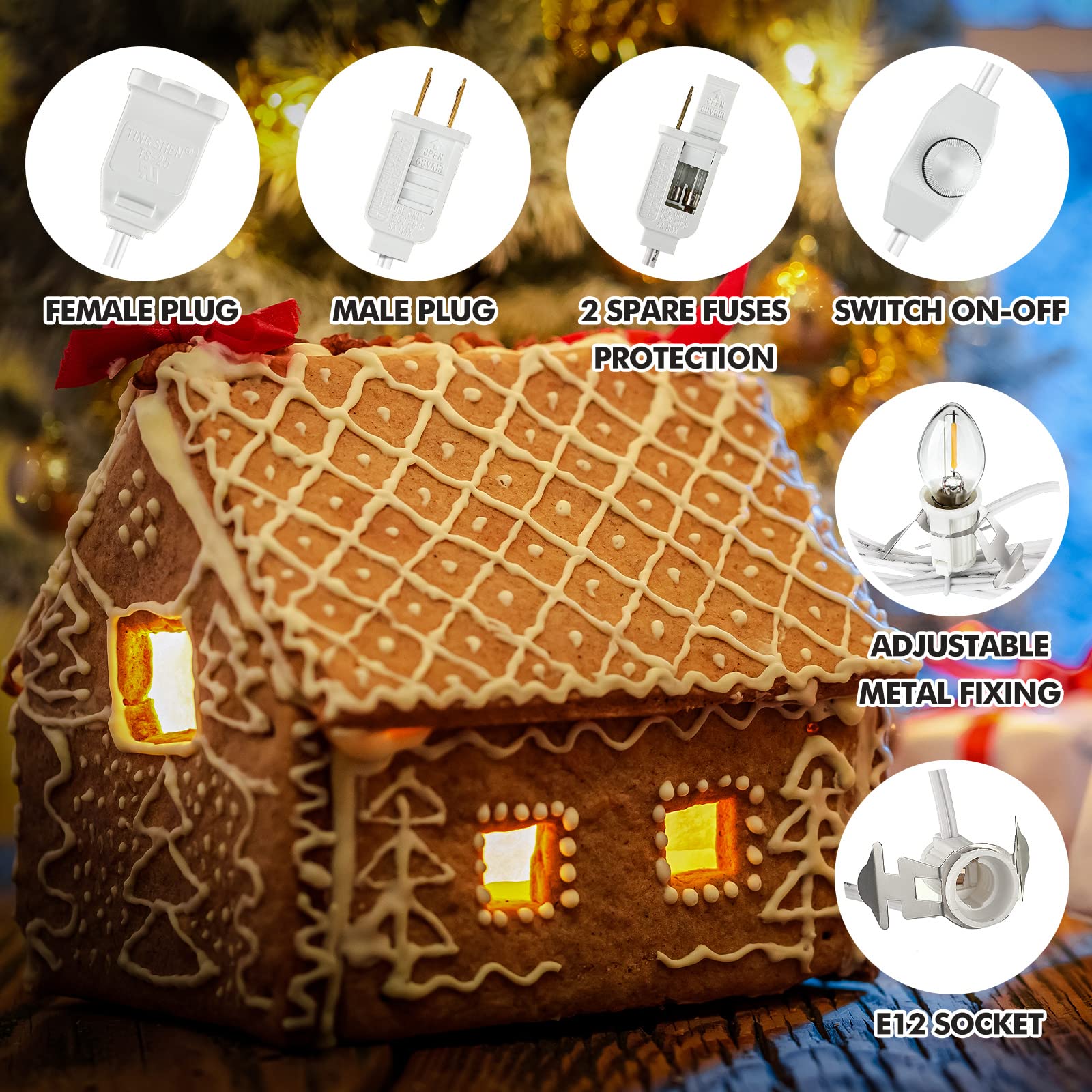Leelosp 14.8 ft White Accessory Cord with 6 LED Bulbs, On/Off Switch, Spare Fuses, Ideal for Halloween & Christmas Decor