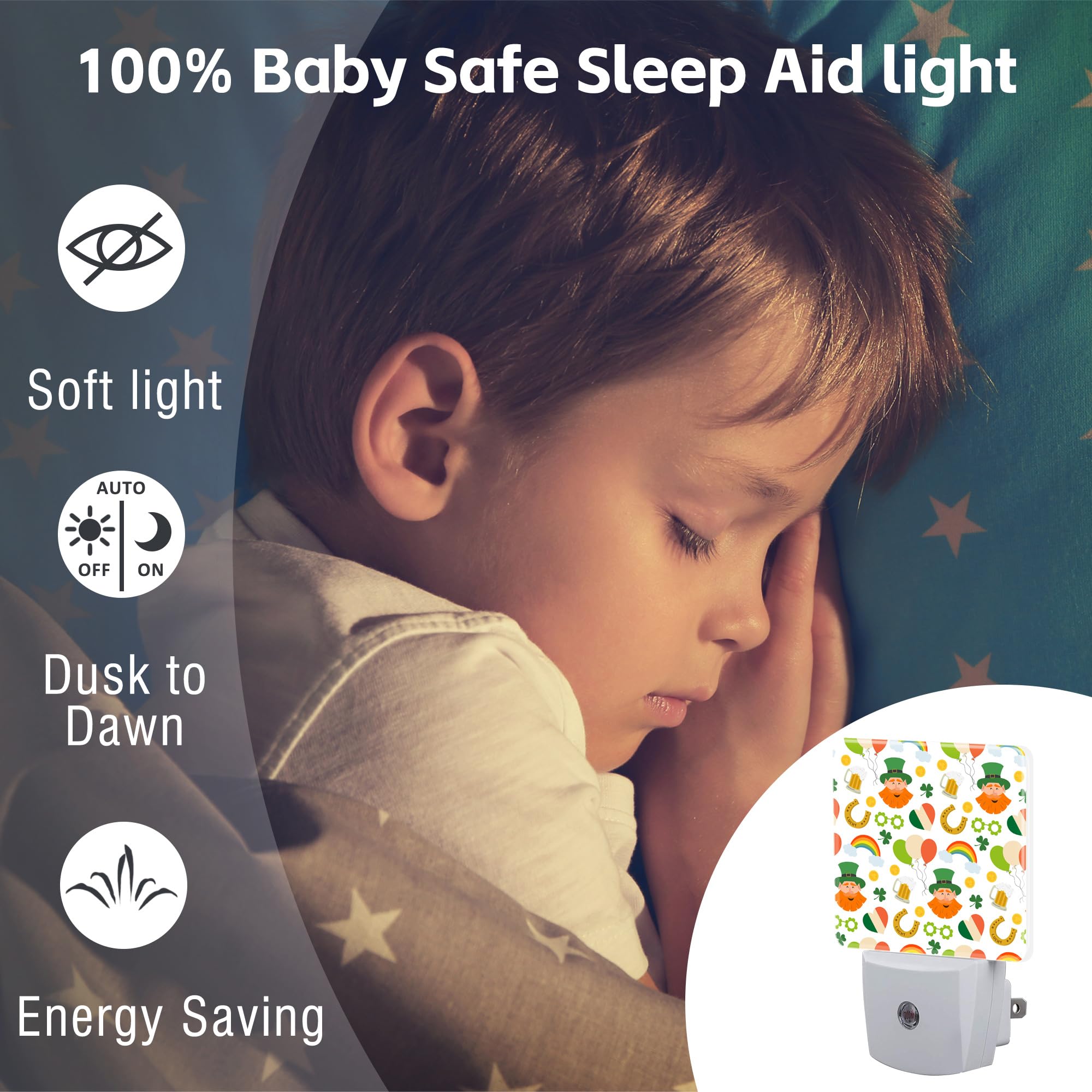 St. Patrick'S Day Cute Pattern Night Light For Kids,Green Shamrock Leprechaun And Rainbow Night Light Plug In With Dusk To Dawn