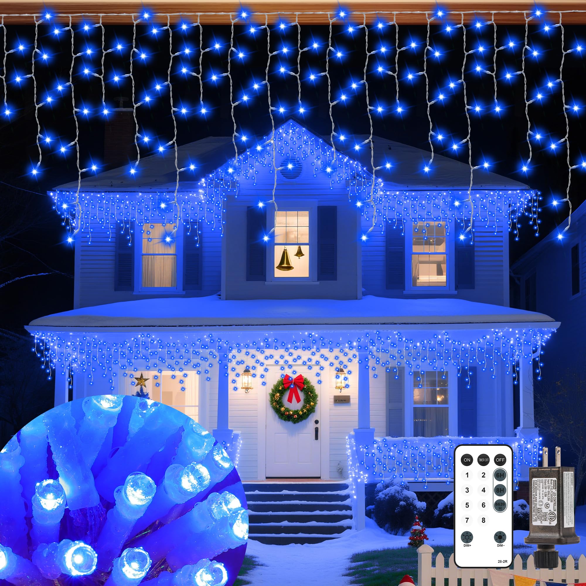 Vynoblip Christmas Ice Lights Outdoor  Blue 99FT 1206 LED 8 Modes Plug in Xmas Tree Decorations Twinkle Fairy Light String with Remote Timer Memory for Roofline Yard Party Wedding Camping Decor