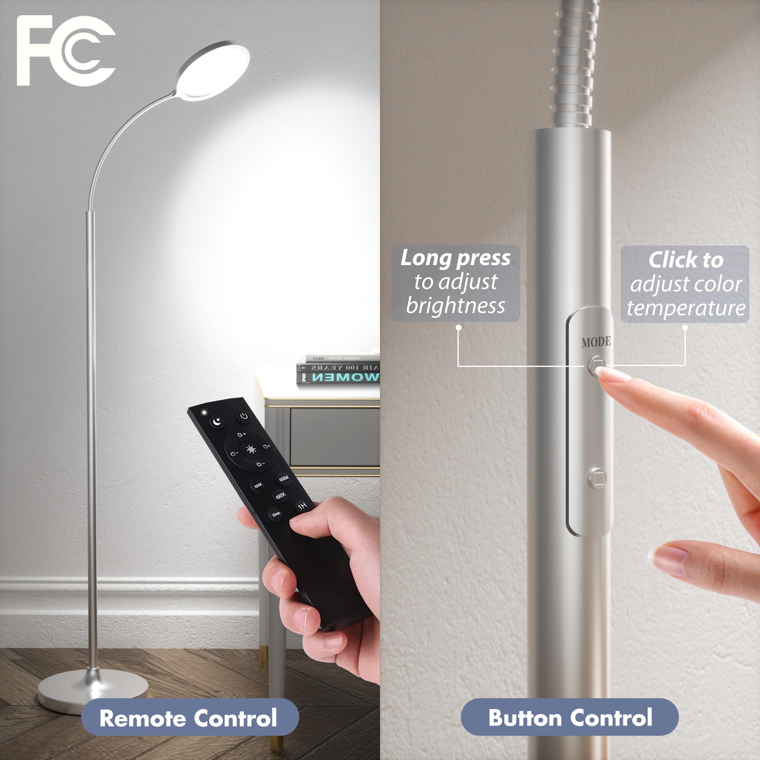 Luckystyle Silver Floor Lamp - Dimmable LED, Adjustable Gooseneck, Remote Control, Model LY-UK-06