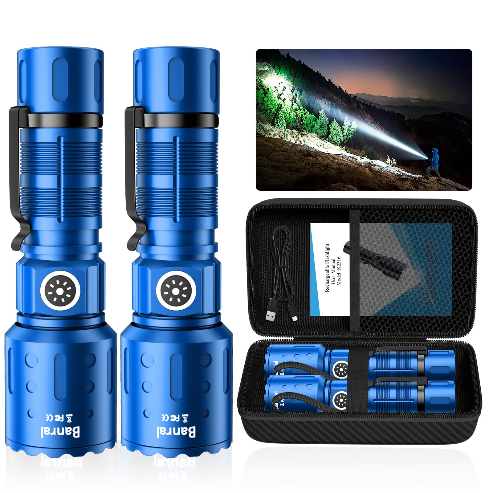 Banral High Lumens Rechargeable Flashlight, 6 Modes, Waterproof, Small, Blue, Model K-2316-B
