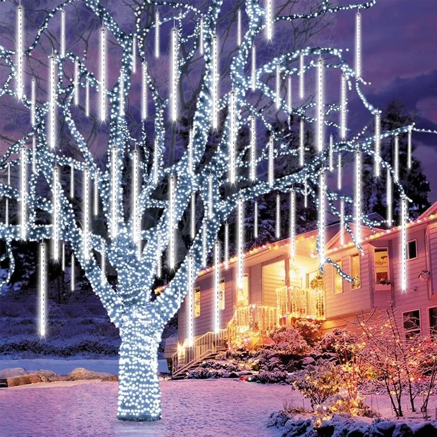 Joomer 240 Led Meteor Shower Christmas Lights 11.8 Inch 10 Tubes Falling Raindrop Cascading Led Icicle Lights With Timer Function For Holiday Party Wedding Christmas Tree Decoration (White)