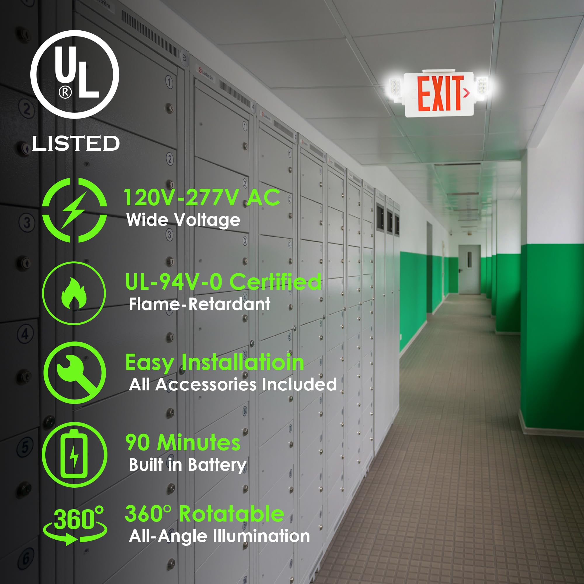 Gruenlich LED Emergency EXIT Sign Combo with 2 Adjustable Head Lights, Double Face, UL 924 Qualified, 120-277V, 2-Pack, Red Letter