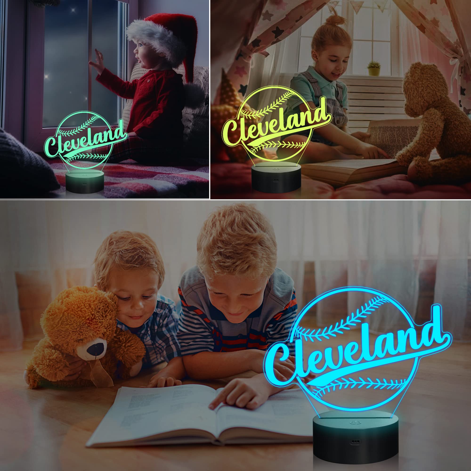 Lightzz 3D Illusion Lamp, Baseball Night Light, Remote Control, Acrylic, Cleveland Color, Model FS-xxxyyy