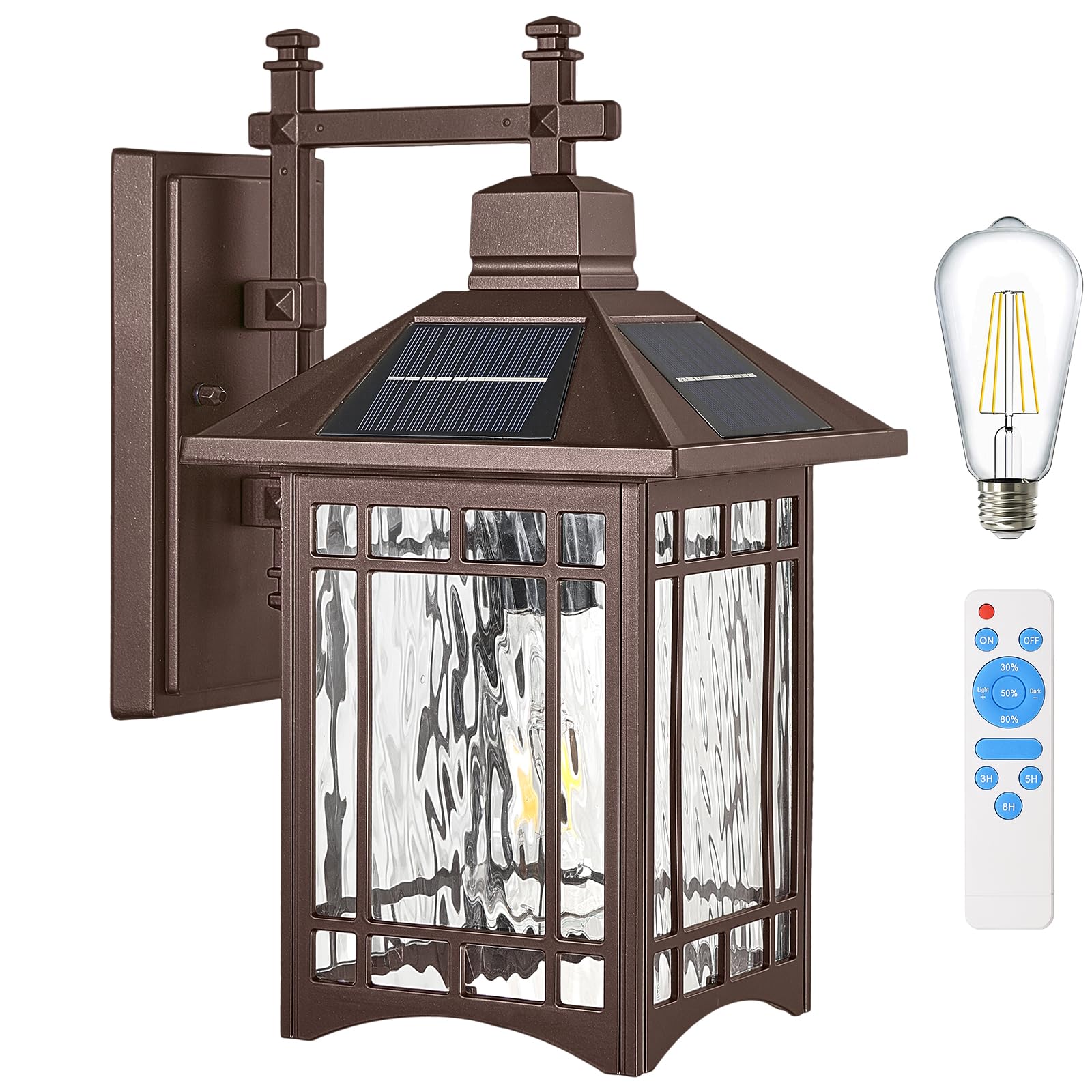 Jafinou Solar Outdoor Wall Light, Oil Rubbed Bronze Dusk to Dawn Solar Wall Sconce with Remote, Waterproof Aluminum Water Glass 