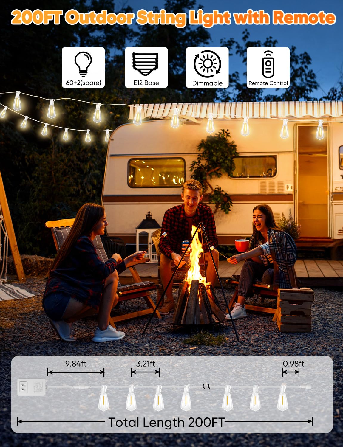 Brightever 200FT Outdoor String Lights with Remote, 62 ST38 LED Bulbs, Waterproof IP65, White, Model CMPC-O60XA