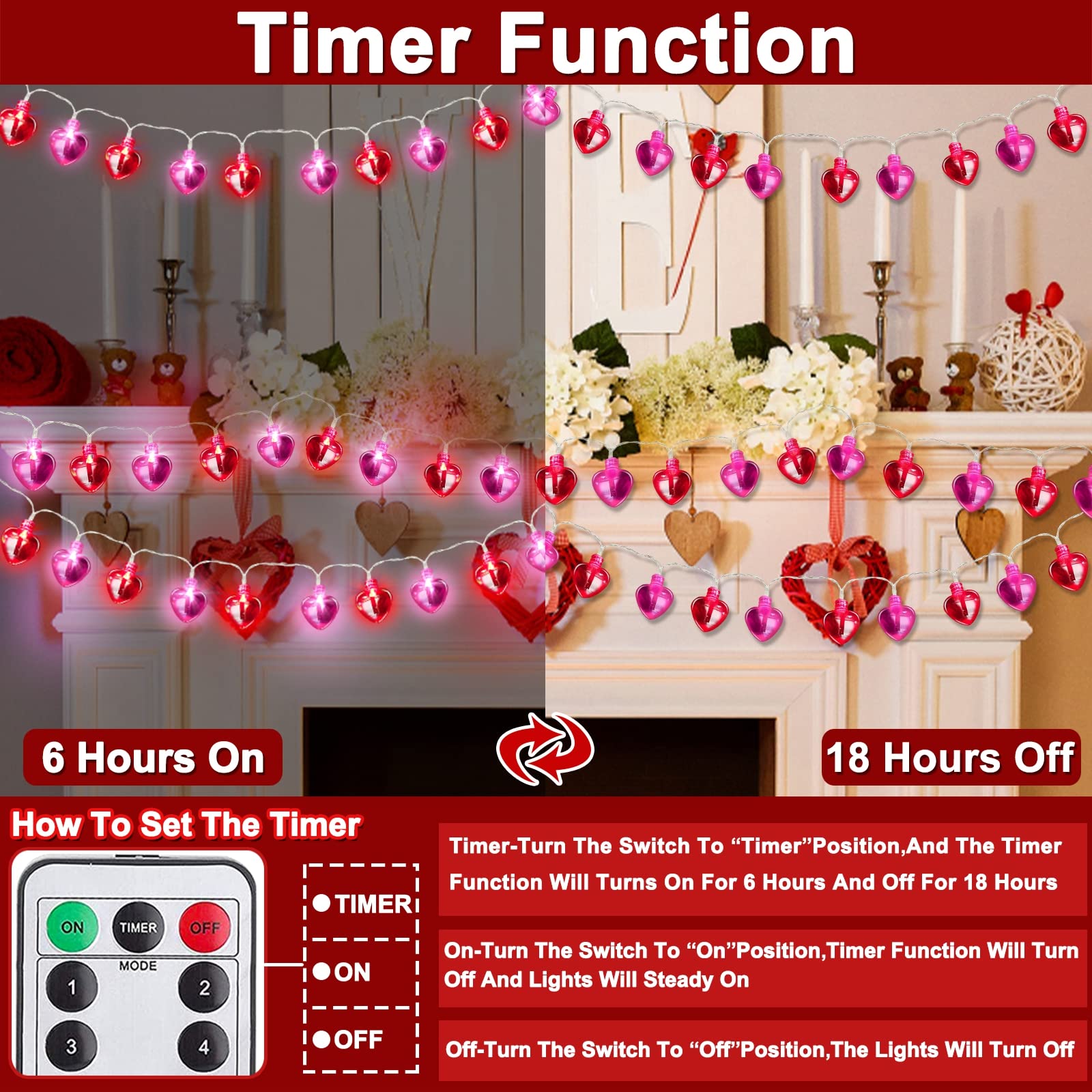 Remote Control & 8 Modes - Valentines Day Decorations Heart Garland Lights with Timer 8.2 Ft 20 LED Red Pink Heart String Lights