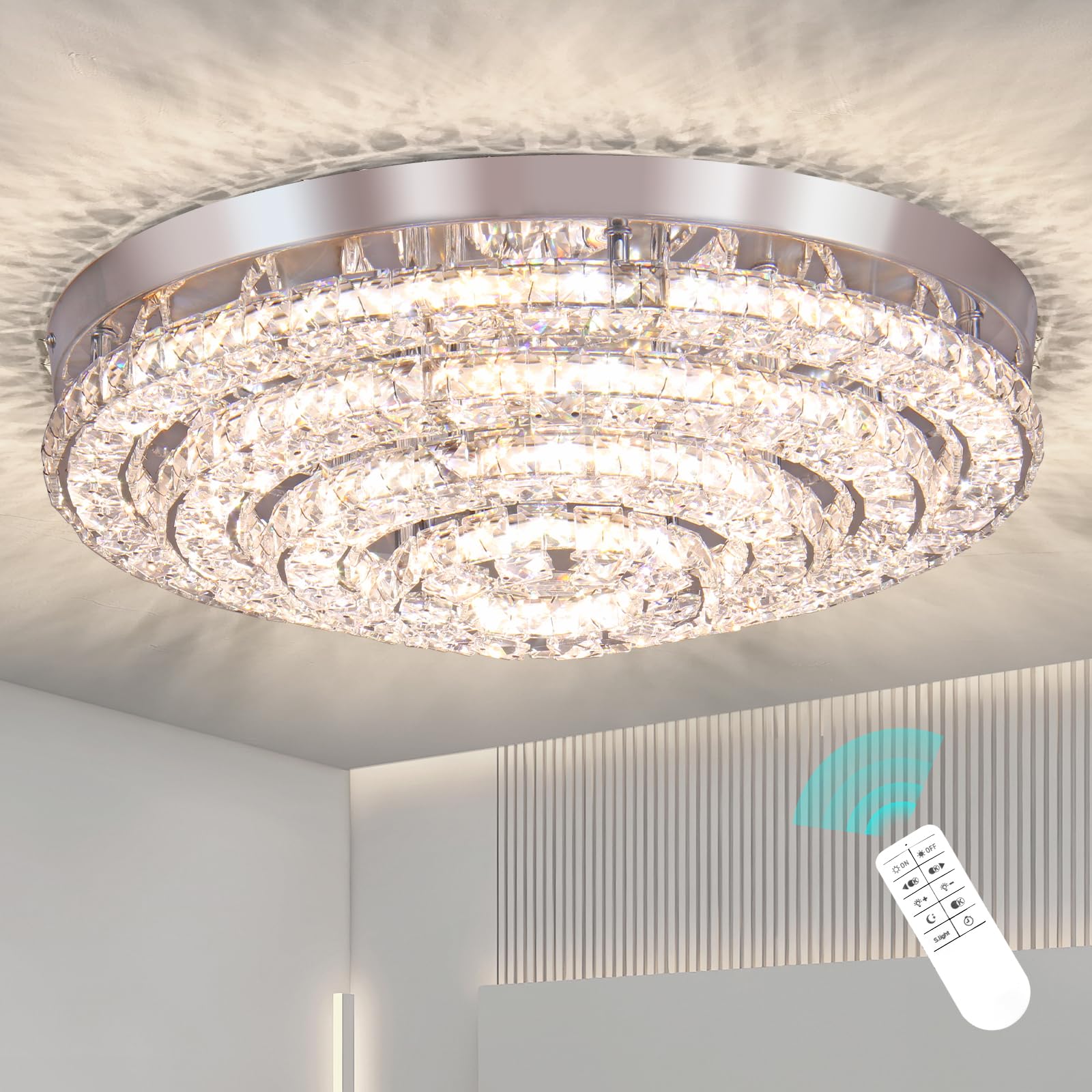 Cainjiazh Modern LED Chandelier Flush Mount, Dimmable, Four Rings, Crystal, Model 1234, Ideal for Bedroom, Living Room, Dining Room