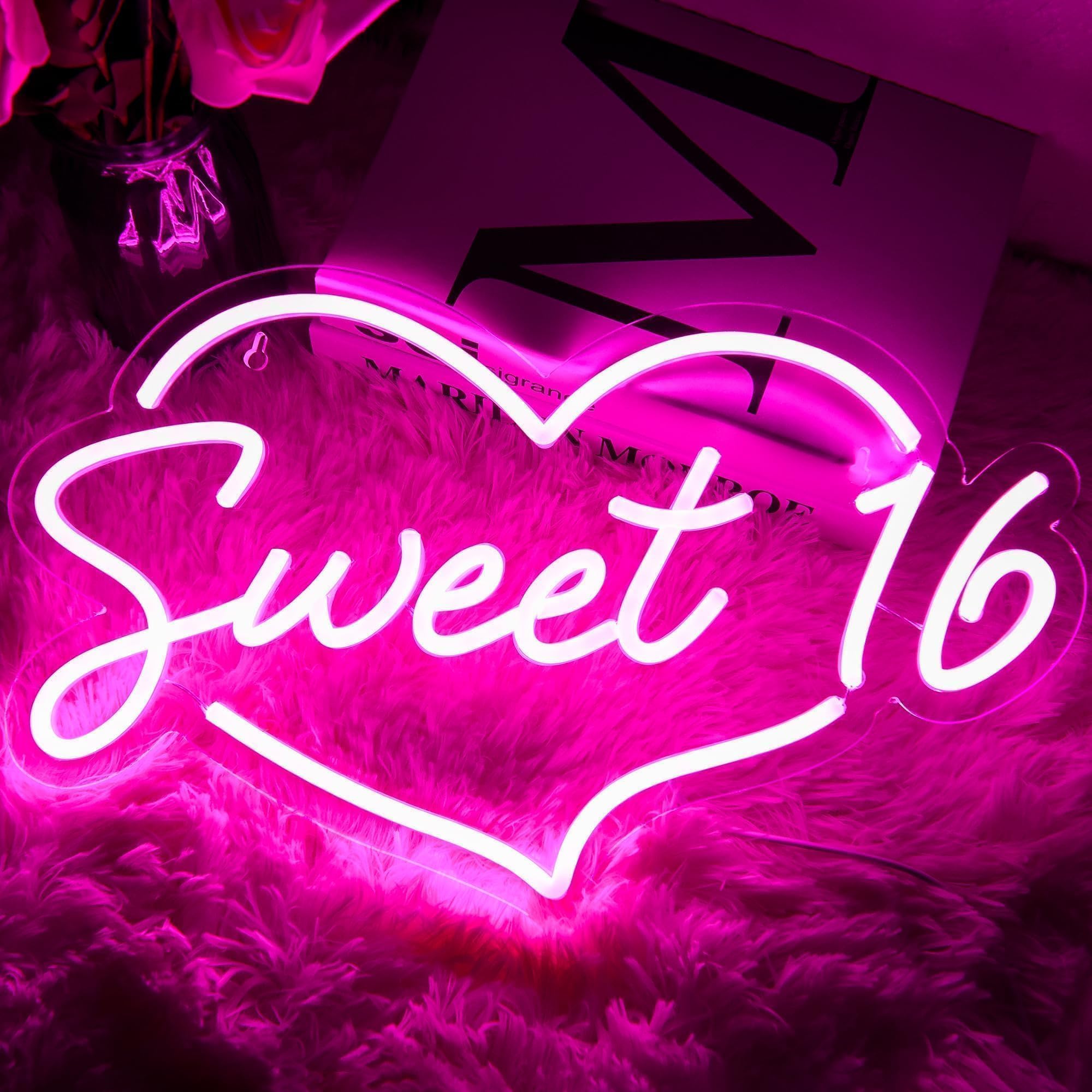 attneon Sweet 16 Neon Sign, LED Wall Decor, Acrylic, 16.1*9.8 Inch, Pink, Model JTLD700