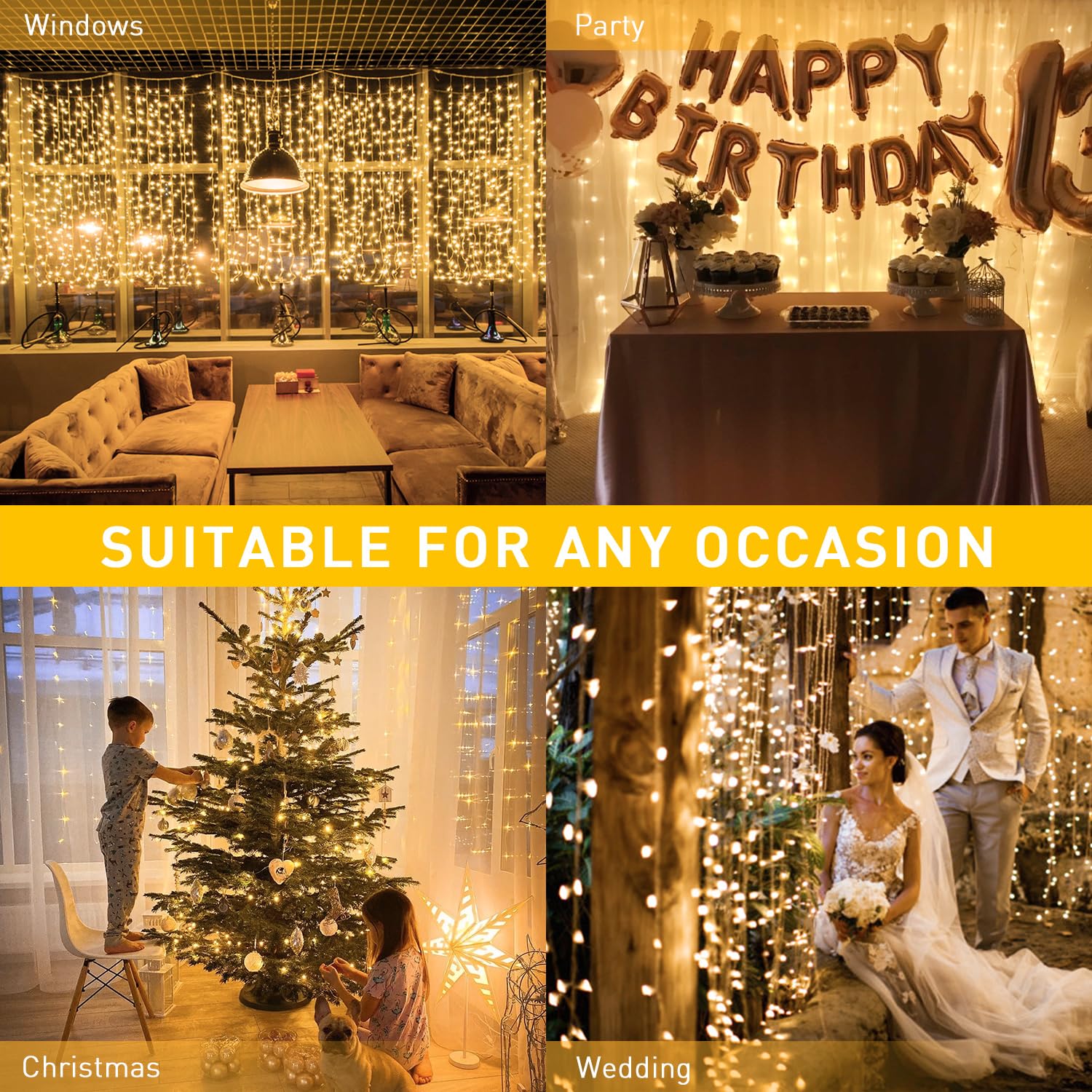 JMEXSUSS 600 LED Curtain String Lights, 19.6x9.5ft, Warm White, 8 Modes, Indoor/Outdoor Decor for Bedroom, Wedding, Party, Xmas