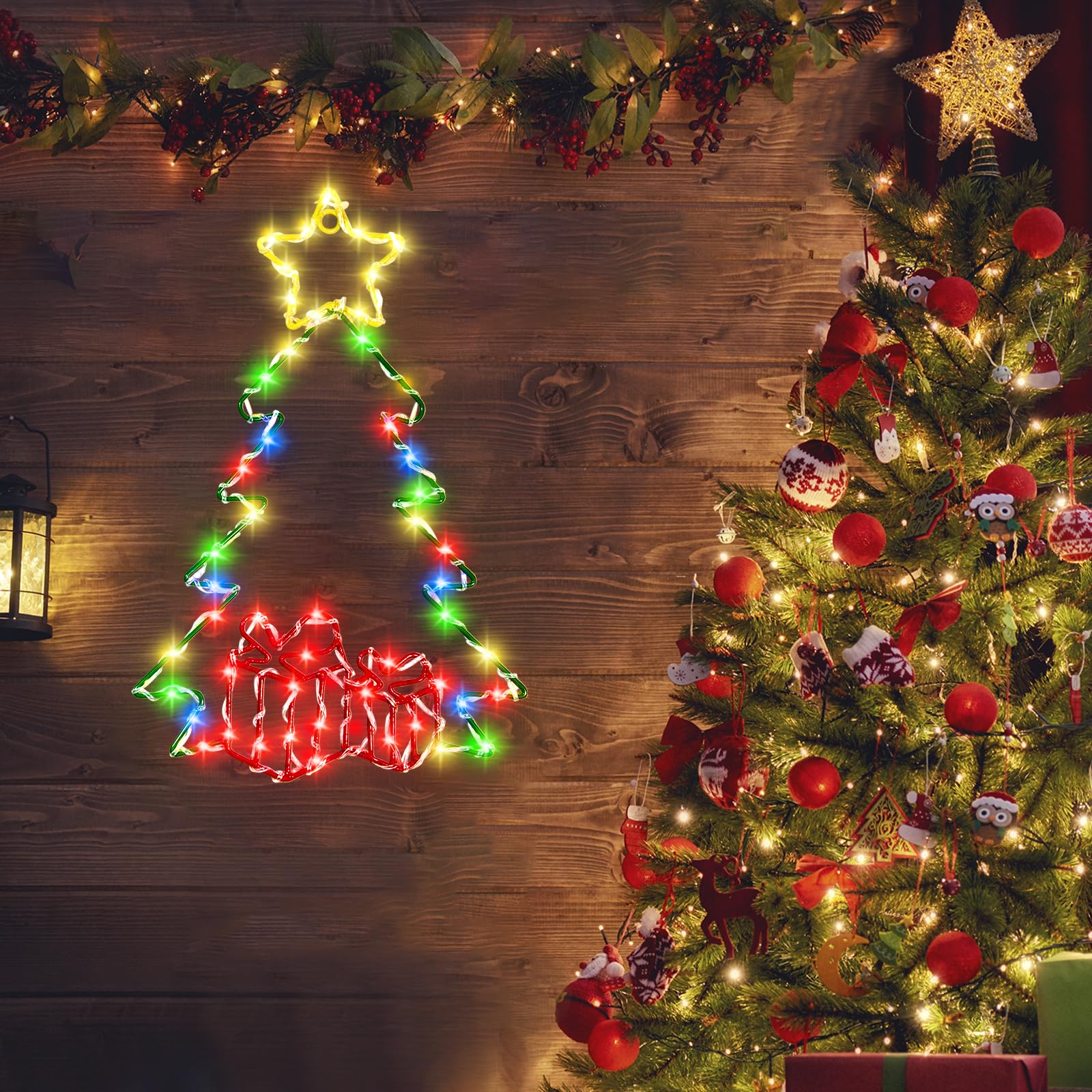 Kopotma 2Ft Large Christmas Decorations Tree Led Lights With Timer, Christmas Tree Window Silhouette Lights Decorations, Christmas Wall Window Hanging Lights For Indoor Outdoor