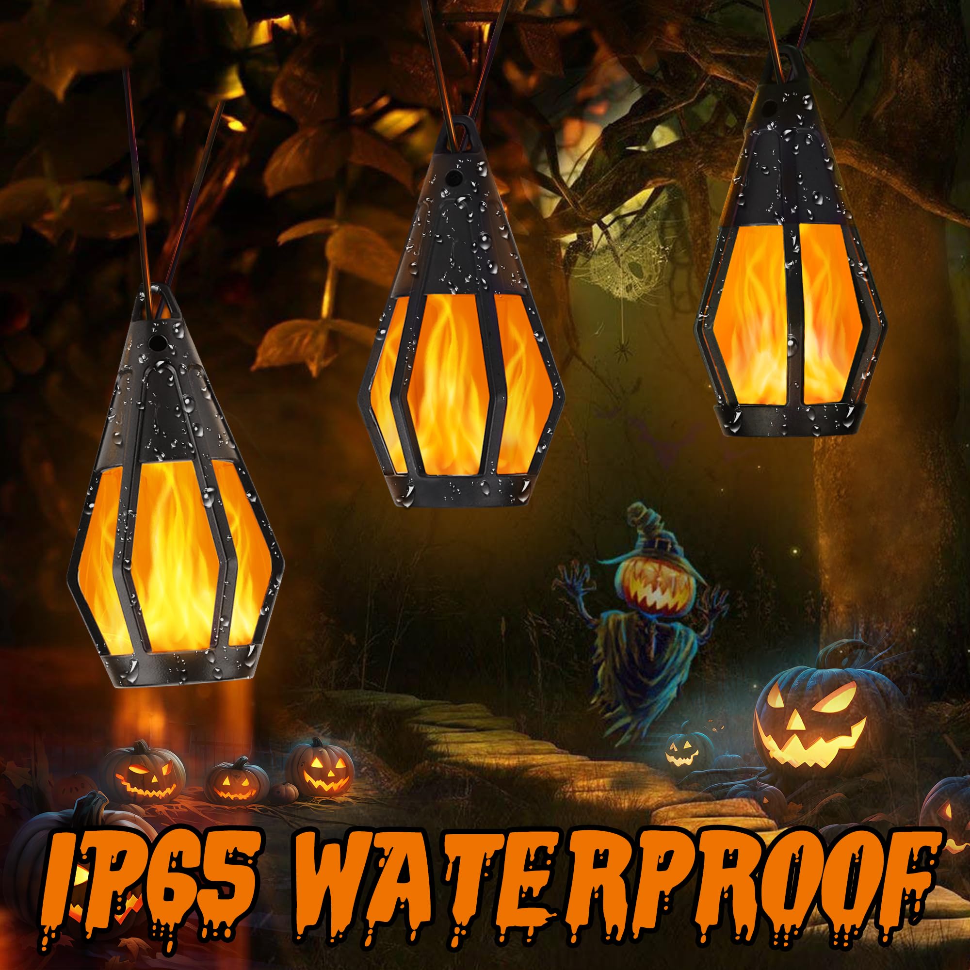 Jnaurb Solar String Lights, 13Ft Waterproof LED Flame Lights, Warm White, Orange, for Outdoor Halloween Decor