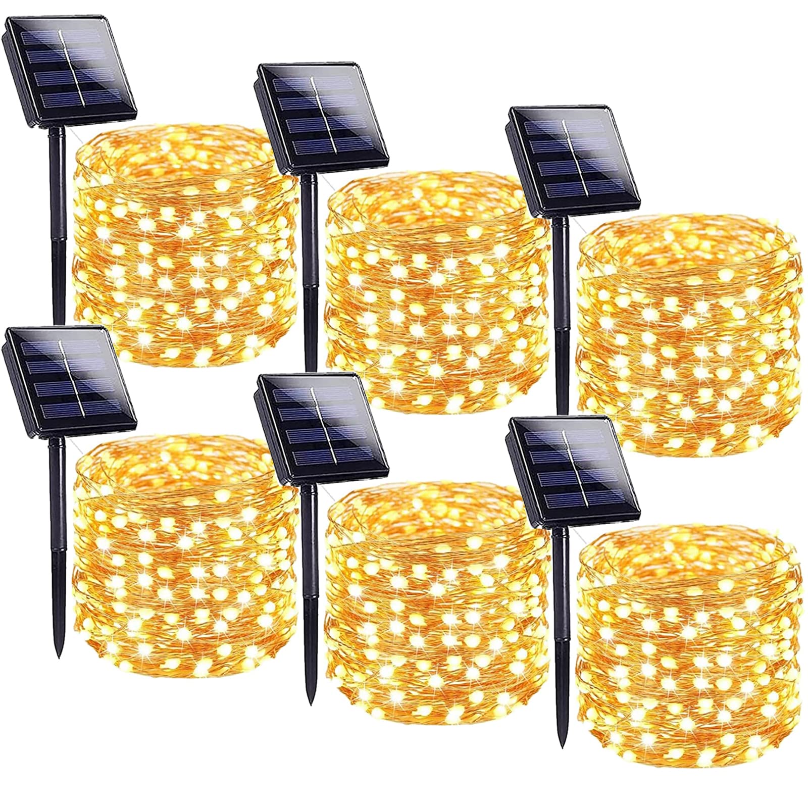Solar String Lights Outdoor, 6 Pack Each 100 Led Solar Christmas Lights Outside Waterproof Copper Wire With 8 Modes Solar Fairy