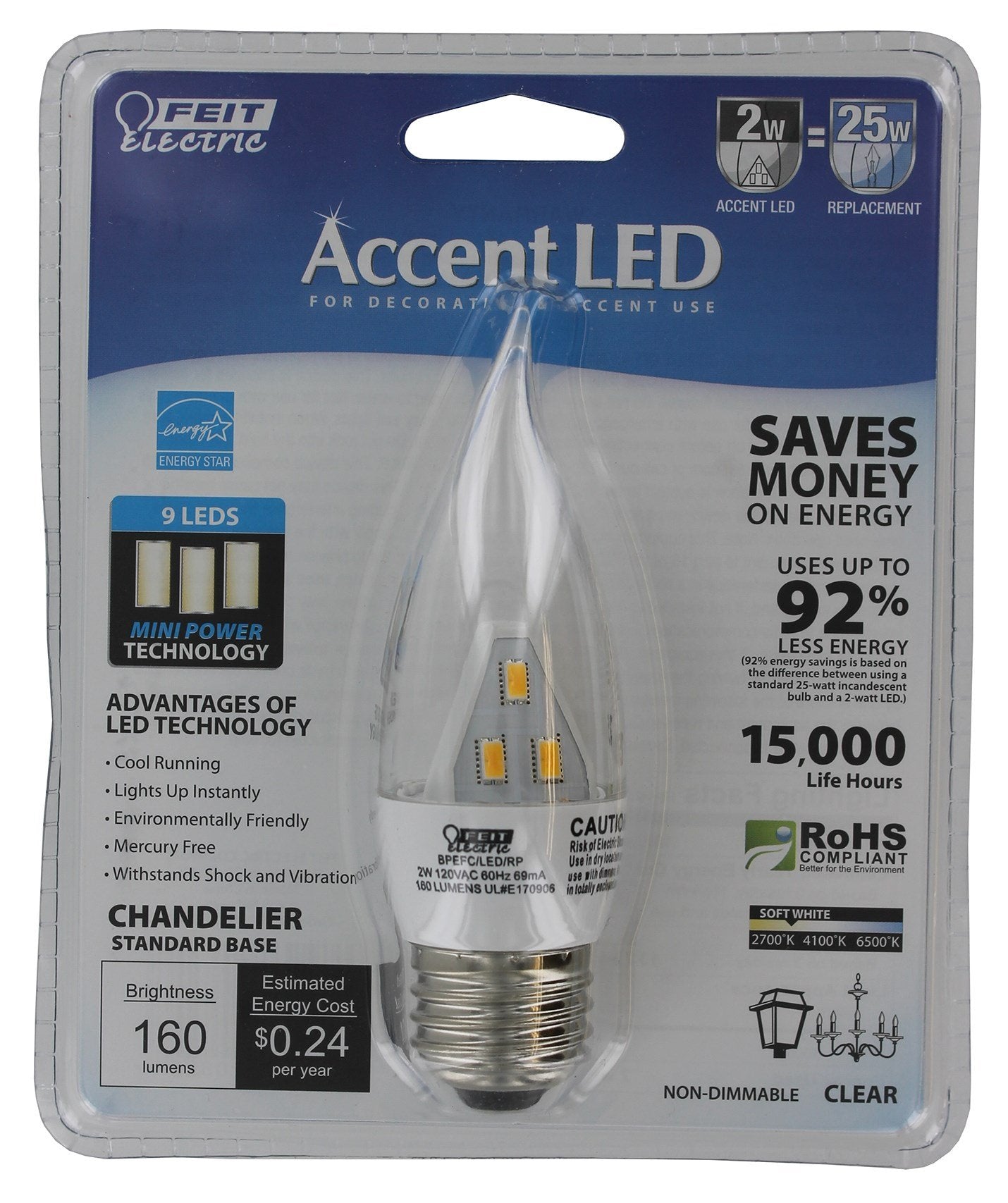 Feit Electric Accent LED Chandelier, Clear Bulbs, Metal, Model BPEFC/LED/RP