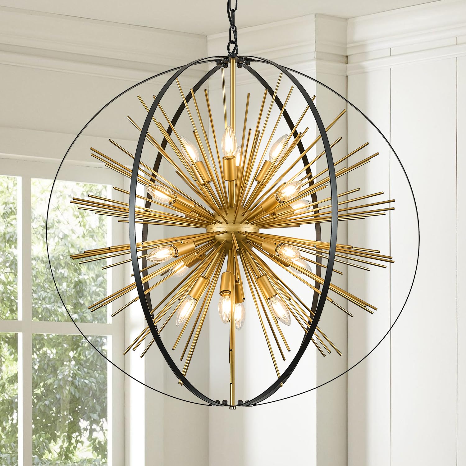 Poemoon 16 Lights Black Gold Sputnik Chandelier Large 31 Modern Industrial Hanging Ceiling Firework Globe Pendant Lighting Fixture for Dining Living Room Foyer Stairway Kitchen Bedroom