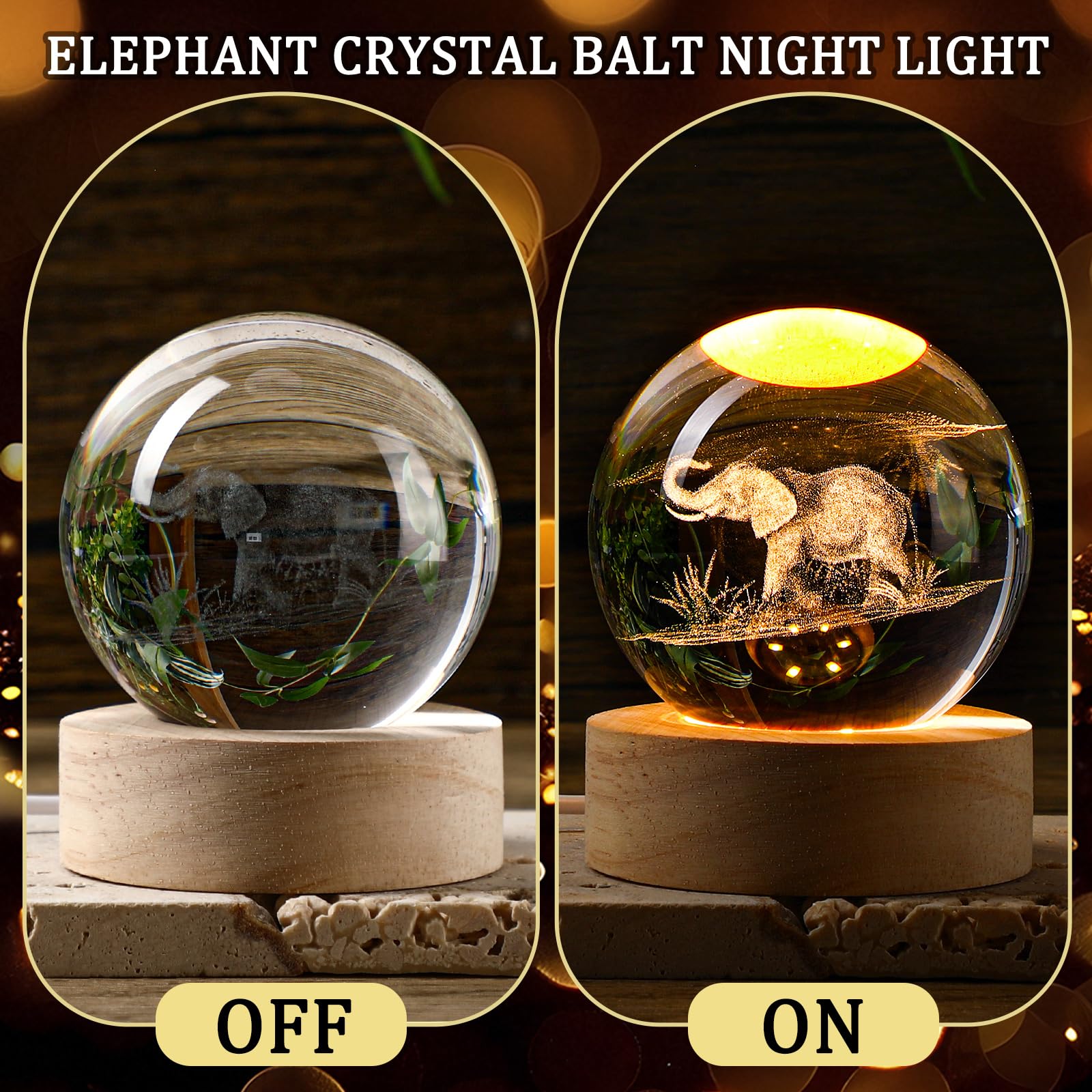 Jetec 10 Sets Thanksgiving Elephant Crystal Ball Night Lamp 3D Elephant Friendsgiving Gift  Light With Wood Base Friendship Card Best Friend Decor Gift For Long Distance Bff Women Christmas Birthday
