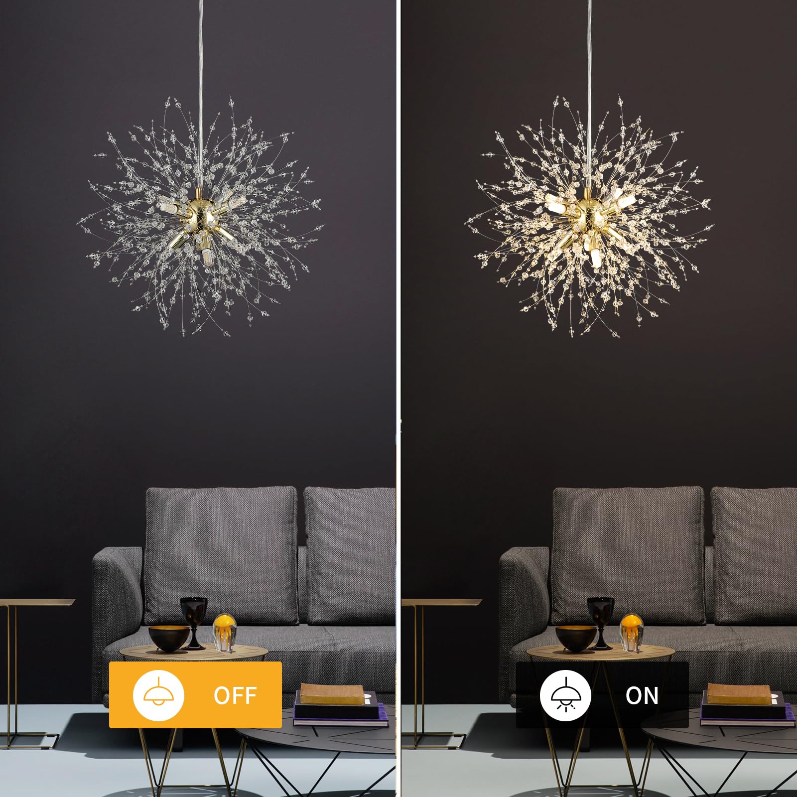 Foucasal Crystal Pendant Light 8-Light Dandelion Sputnik Chandelier Modern Gold Firework Ceiling Lighting Fixtures For Dining Ro
