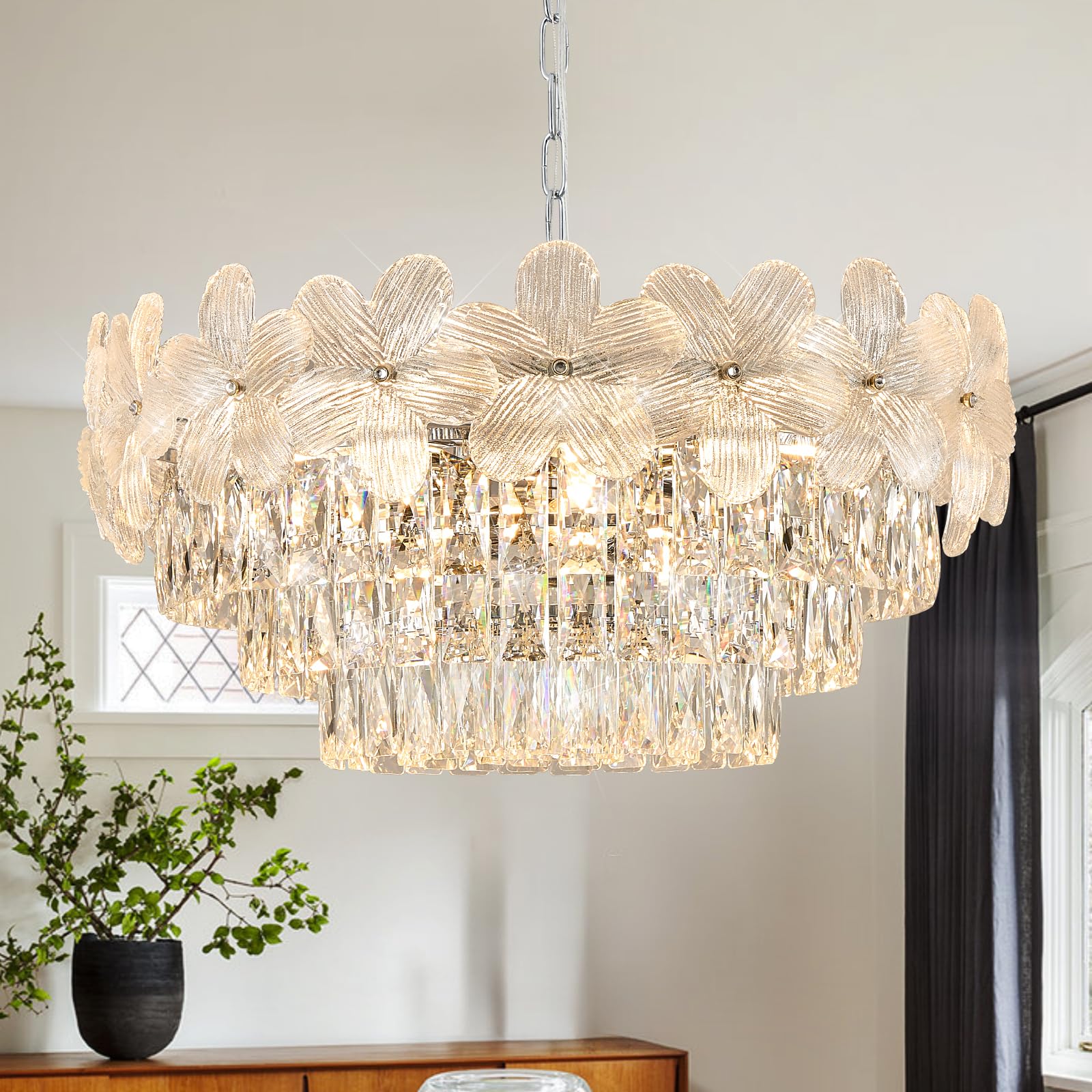 Poemoon Chrome Modern Flower Crystal Chandelier 11 Lights 6-Tier Elegant Chandelier Light Fixture 24 for Living Dining Room Kitchen Entryway Bedroom Foyer  E12