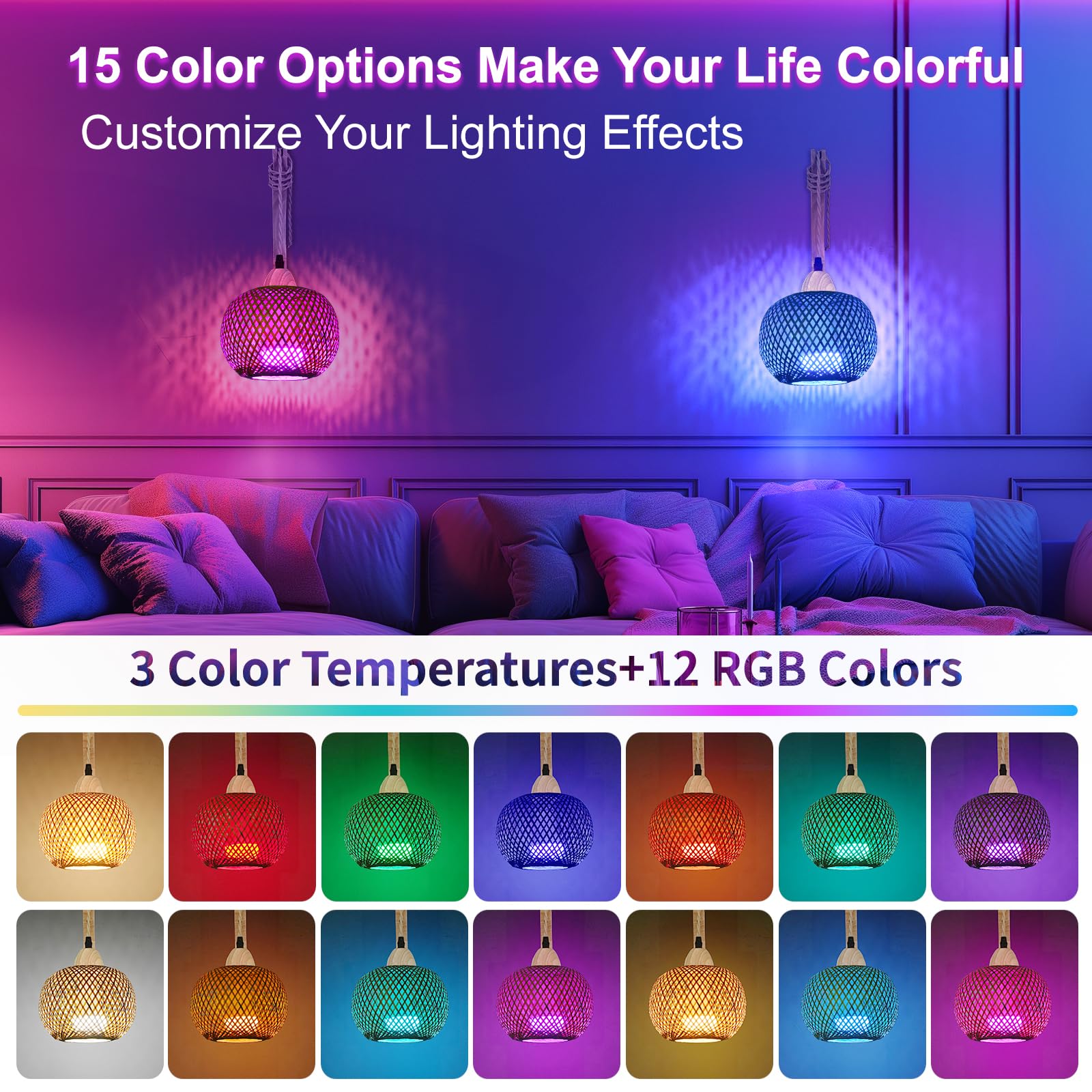 Frideko Rechargeable Battery Operated Wall Sconces Set Of Two With Remote, Rgb 15 Colors Dimmable Wireless Wall Light, Bamboo In