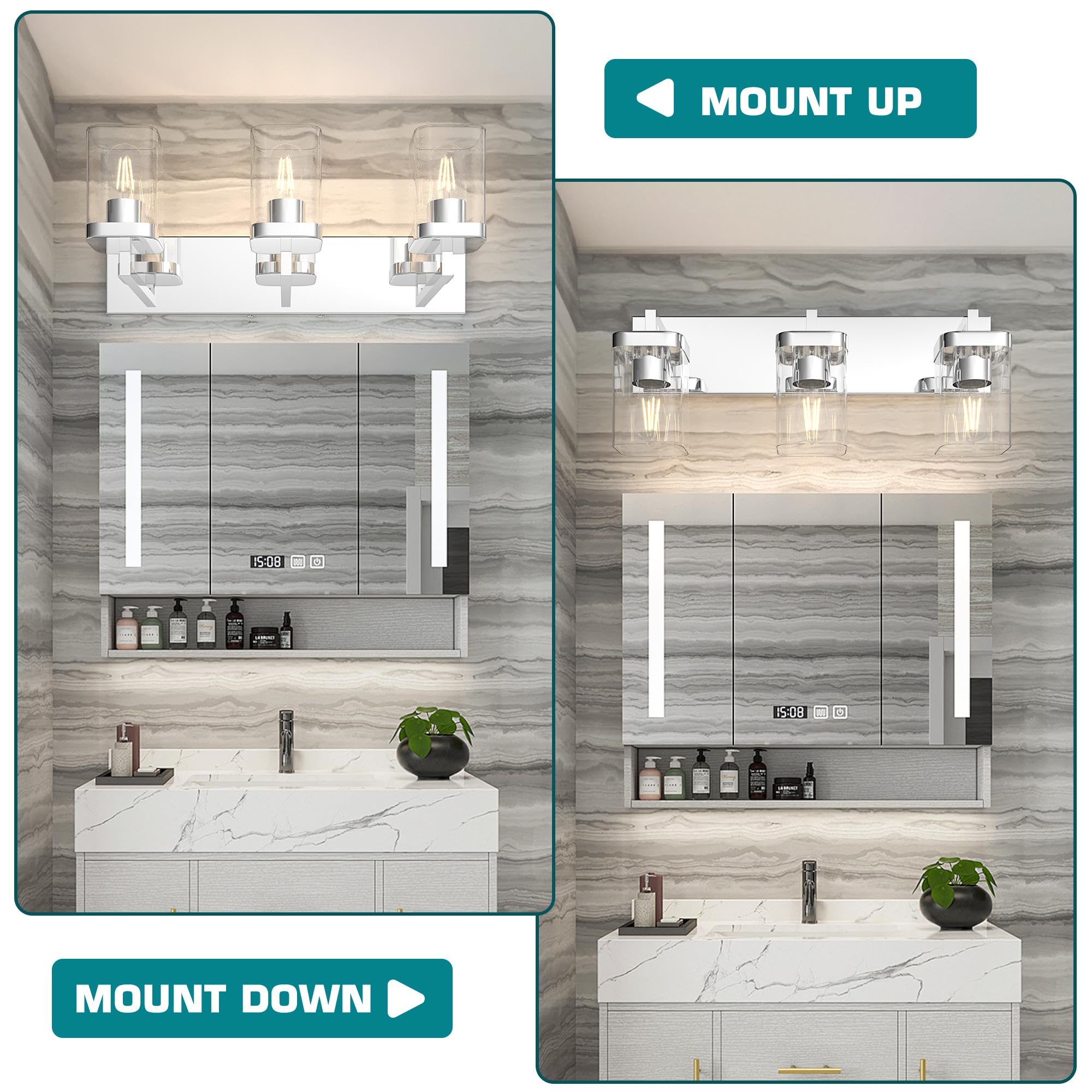 Danshinro Chrome Bathroom Vanity Light, Square Design 3 Lights Morden Bathroom Lighting Fixtures Over Mirror, Bathroom Light Fix