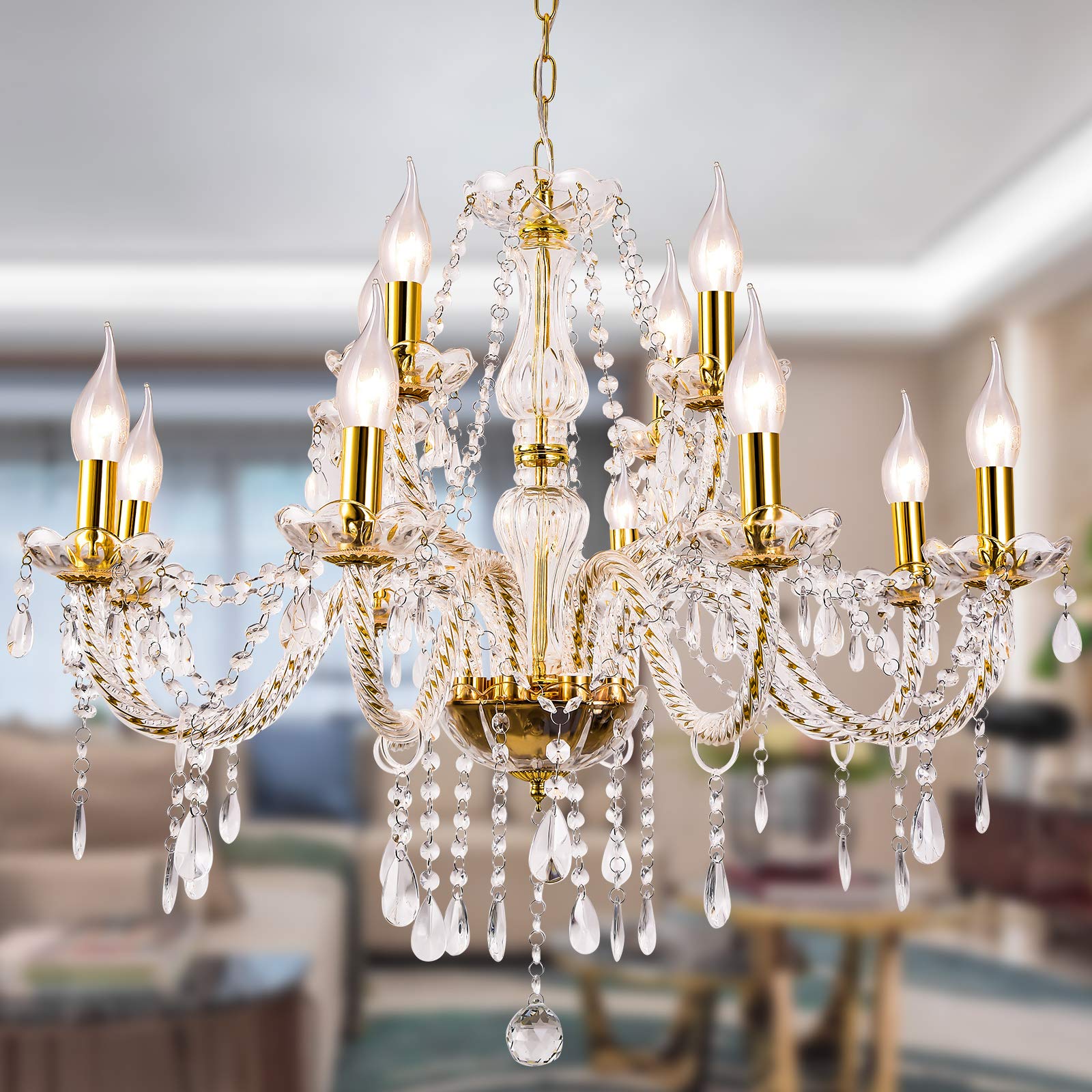 Panghuhu88 Crystal Gold Candle Chandeliers Lighting 12 Lights Pendant Ceiling Fixture Lamp For Dining Living Room Bedroom Hallwa