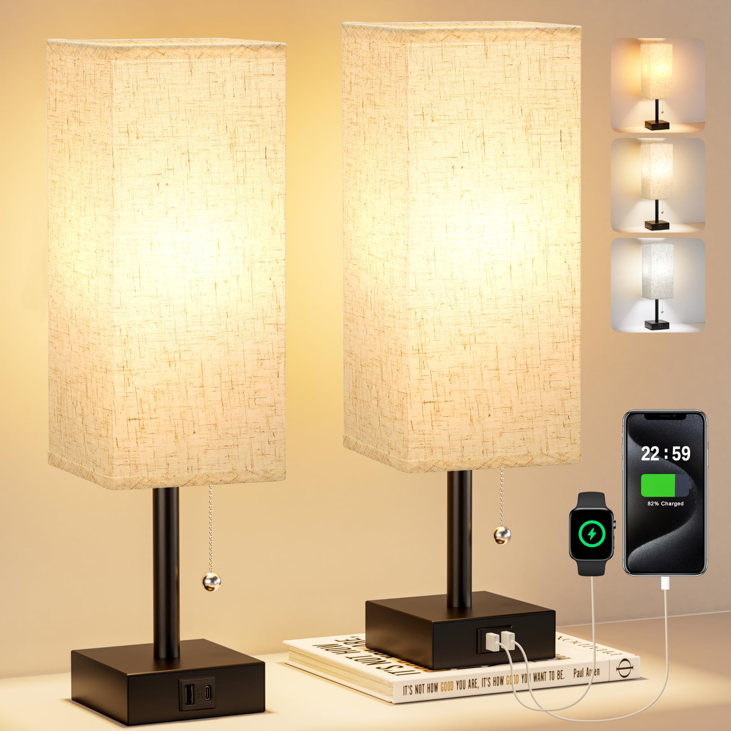 Fenmzee Bedside Lamps for Bedroom Set of 2 - Small Rectangular Nightstand Lamp with USB A C Charging Port, 3 Color Temperatures 