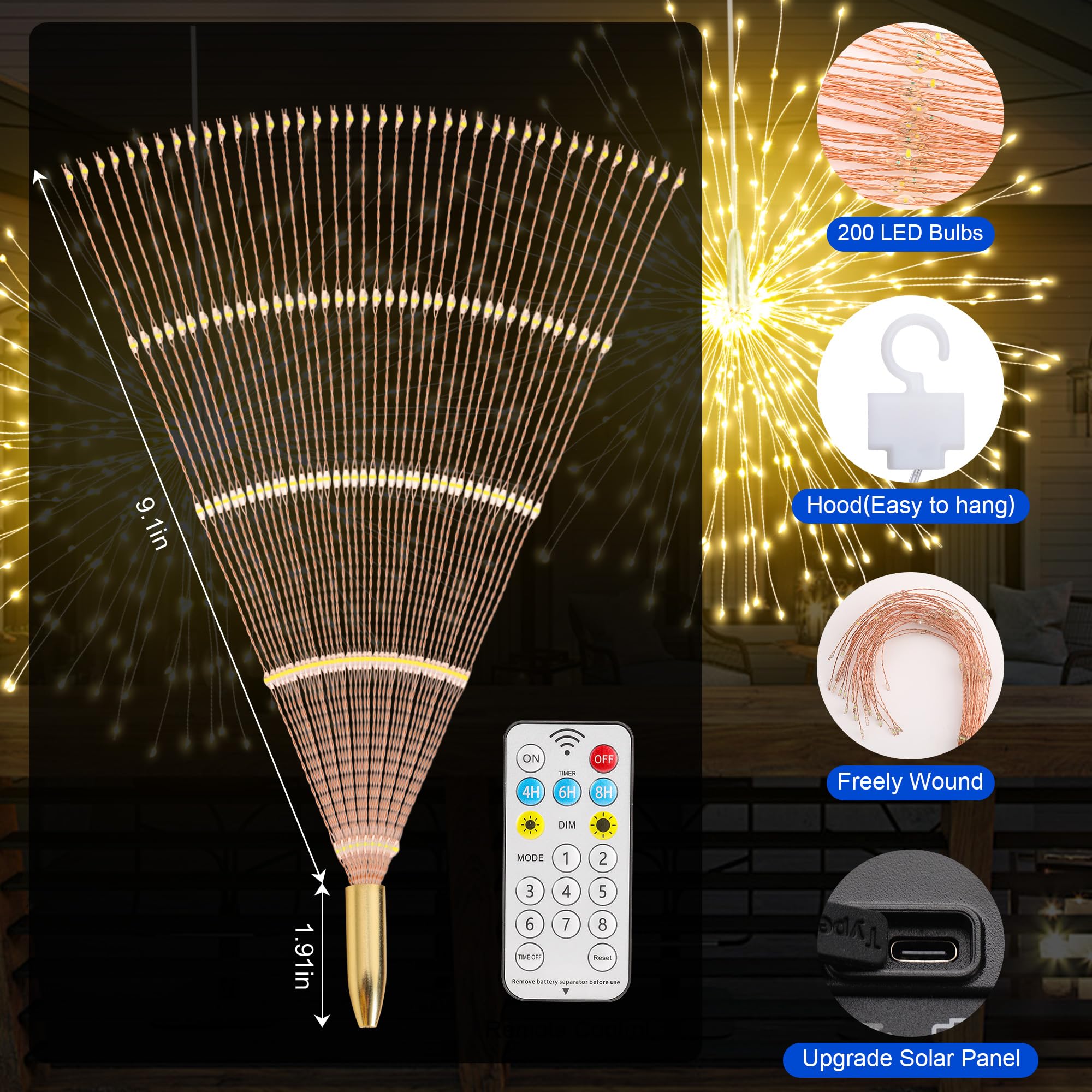 Solar Christmas Firework Lights Outdoor  5 Pack 1000Led Solar Starburst Lights With Remote  8 Modes Dimmable Waterproof Hanging Fairy Lights For Garden  Patio  Holiday Christmas Decor (Warm White)