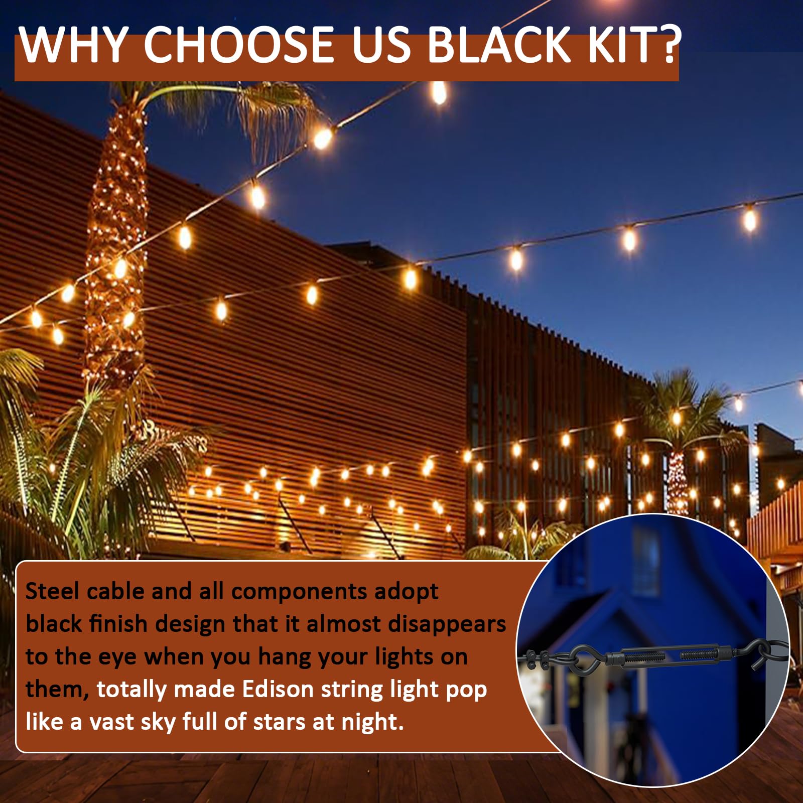 hannger Globe String Light Hanging Kit - 100FT Black PVC Coated Steel Cable & Accessories, Model HWRS-30M3MMB-59