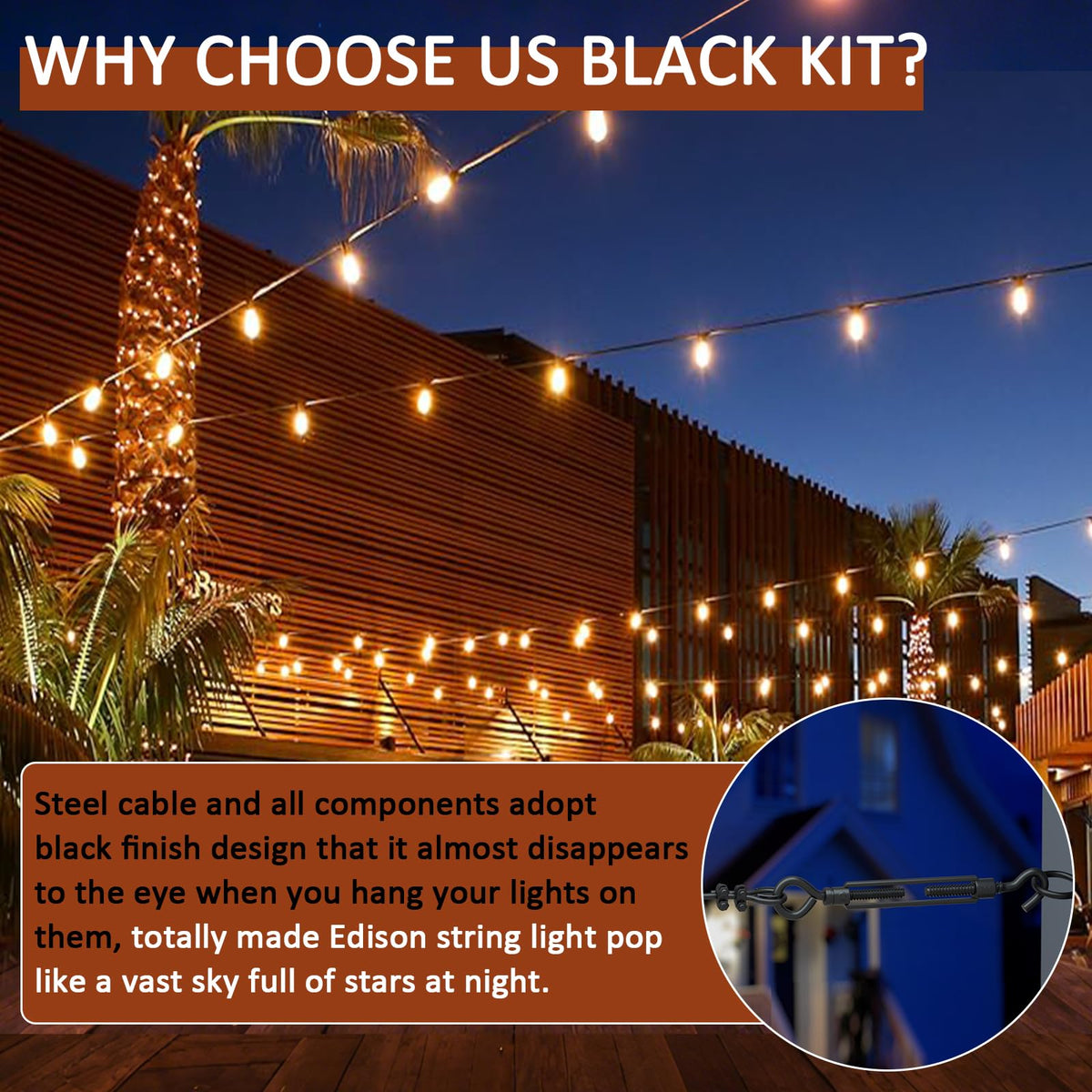 hannger String Light Hanging Kit Outdoor, Full Black Globe String ...