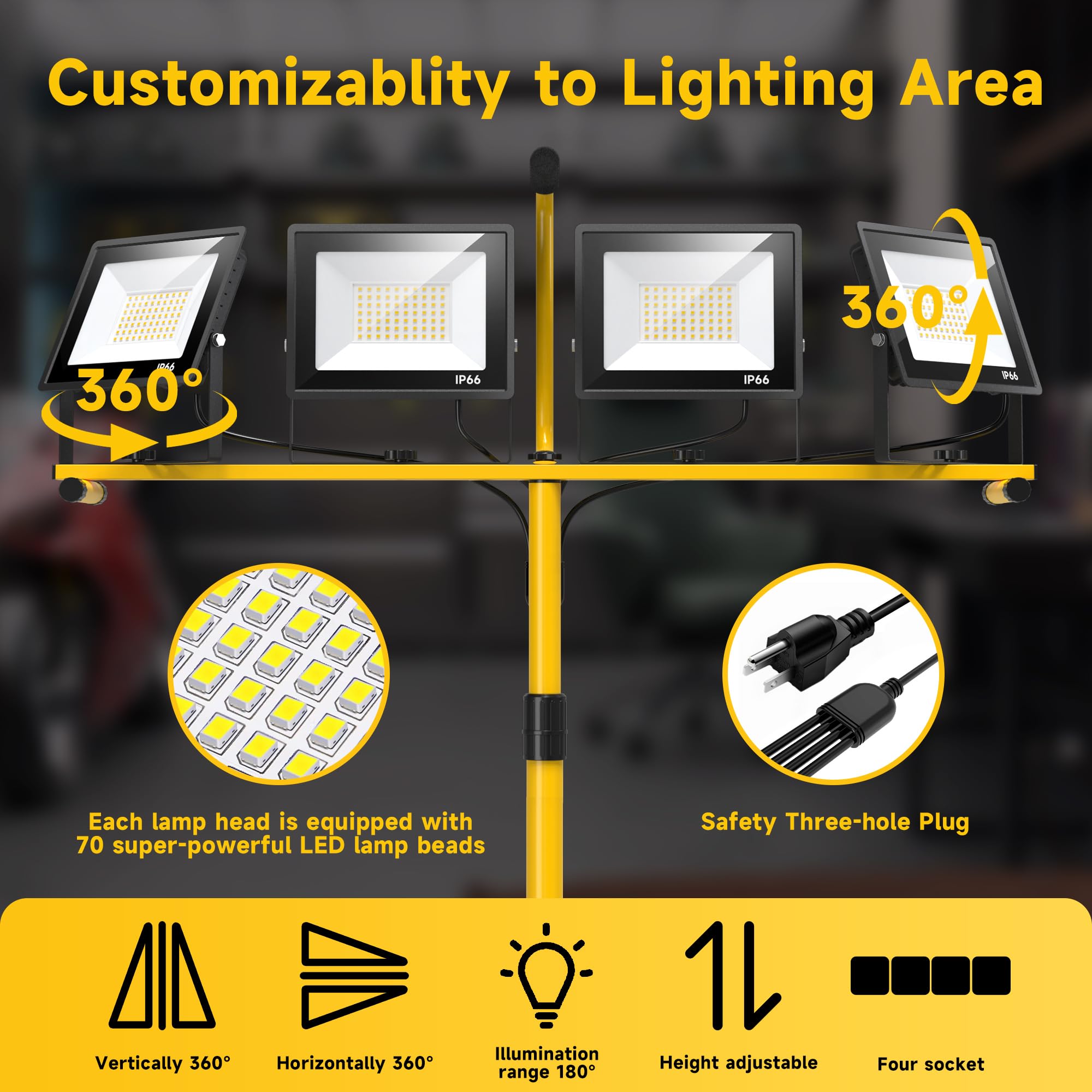 Toprated Plug In Led Work Light With Stand,28000 Lumen 110V 4 Adjustable Head Outdoor Flood Lights,Foldable Mechanic Light With