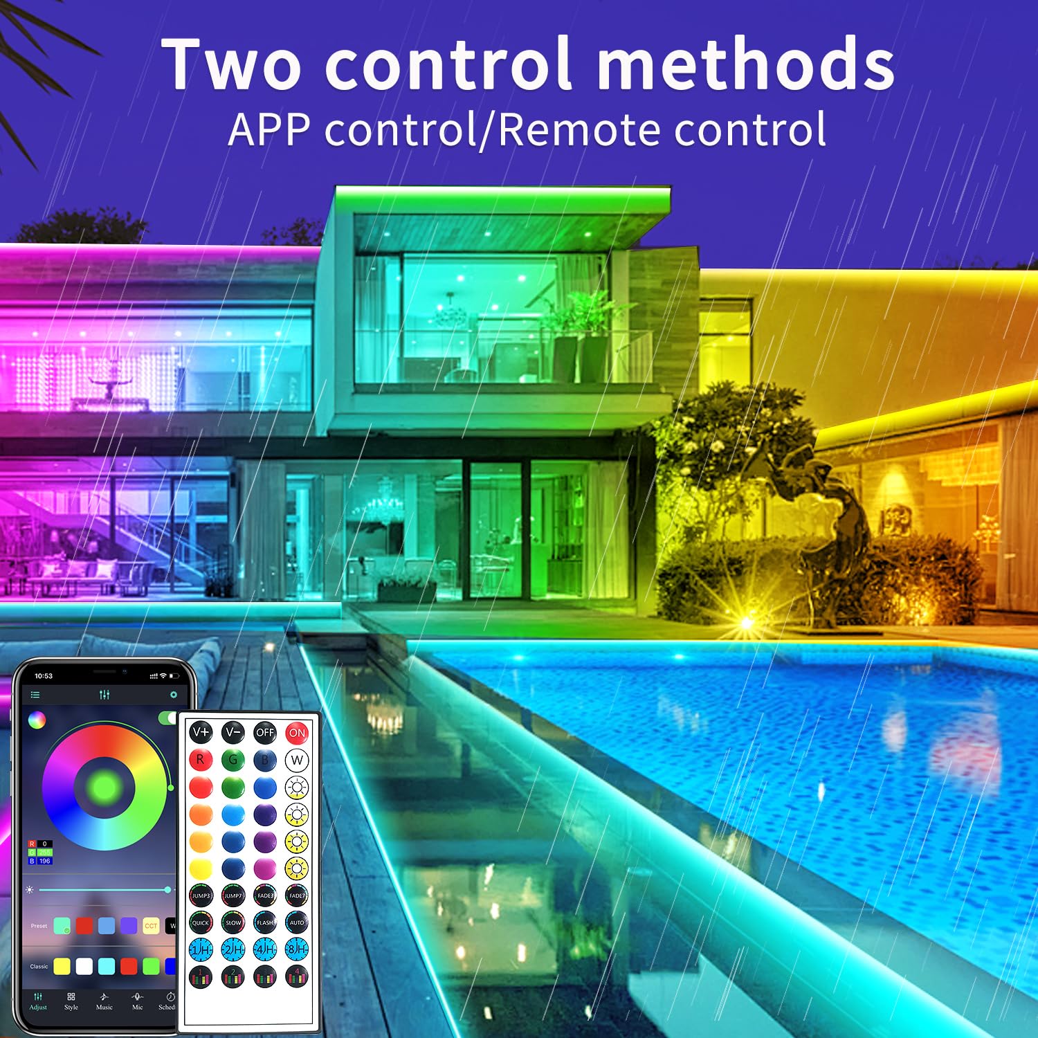 vimeepro LED Strip Lights 200ft Waterproof RGB Color Changing with App/Remote Control, Music Sync - Model vimeepro-ledFS200FT04