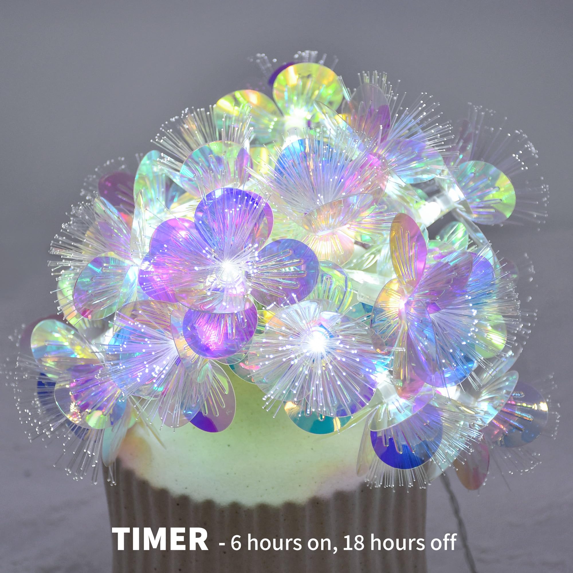 YOLIGHT Fiber Optic Flower String Lights, 10 LED, 6.5ft, Battery Operated, White, Model YL-BA-GX